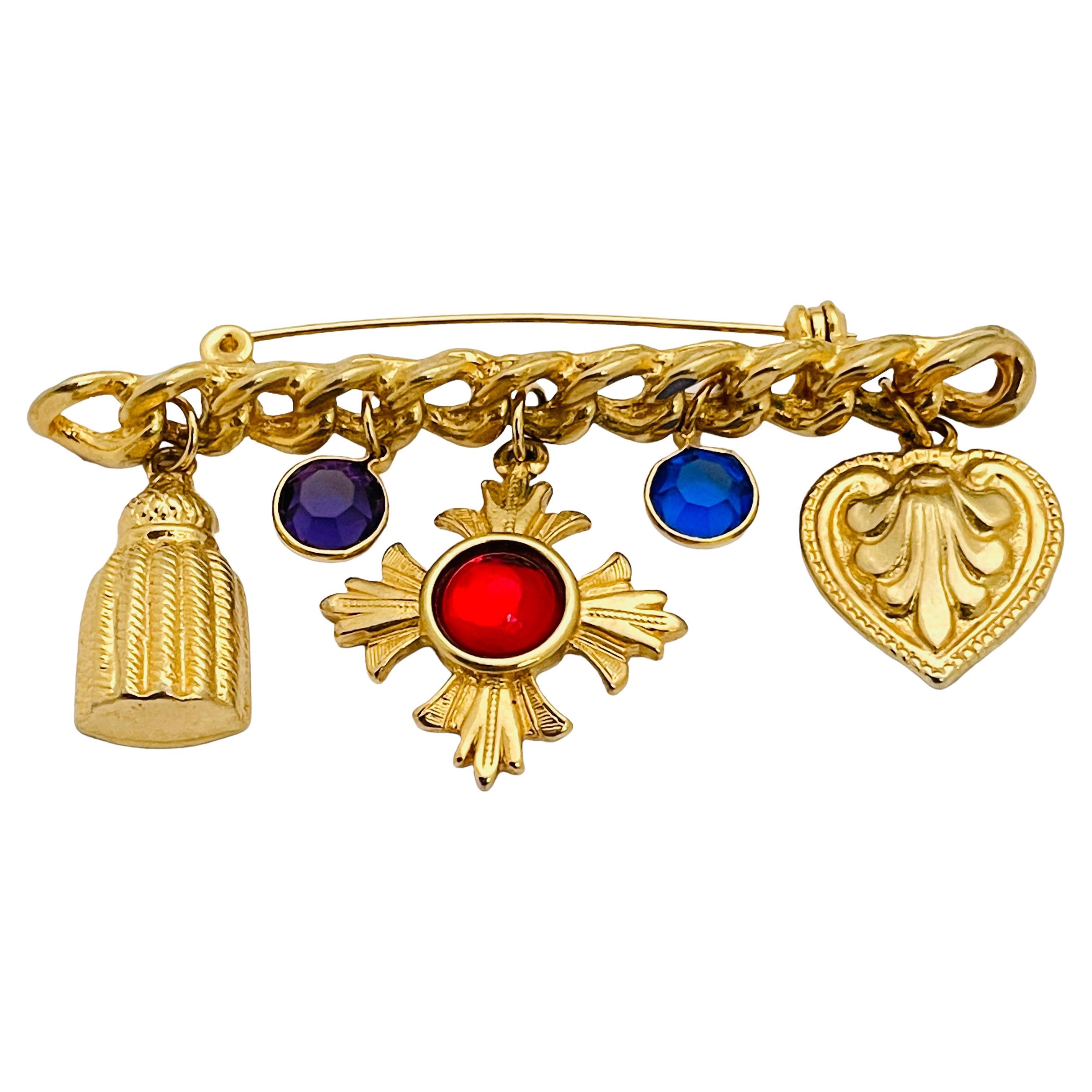 Vintage gold jewel cross charm chain designer runway brooch For Sale