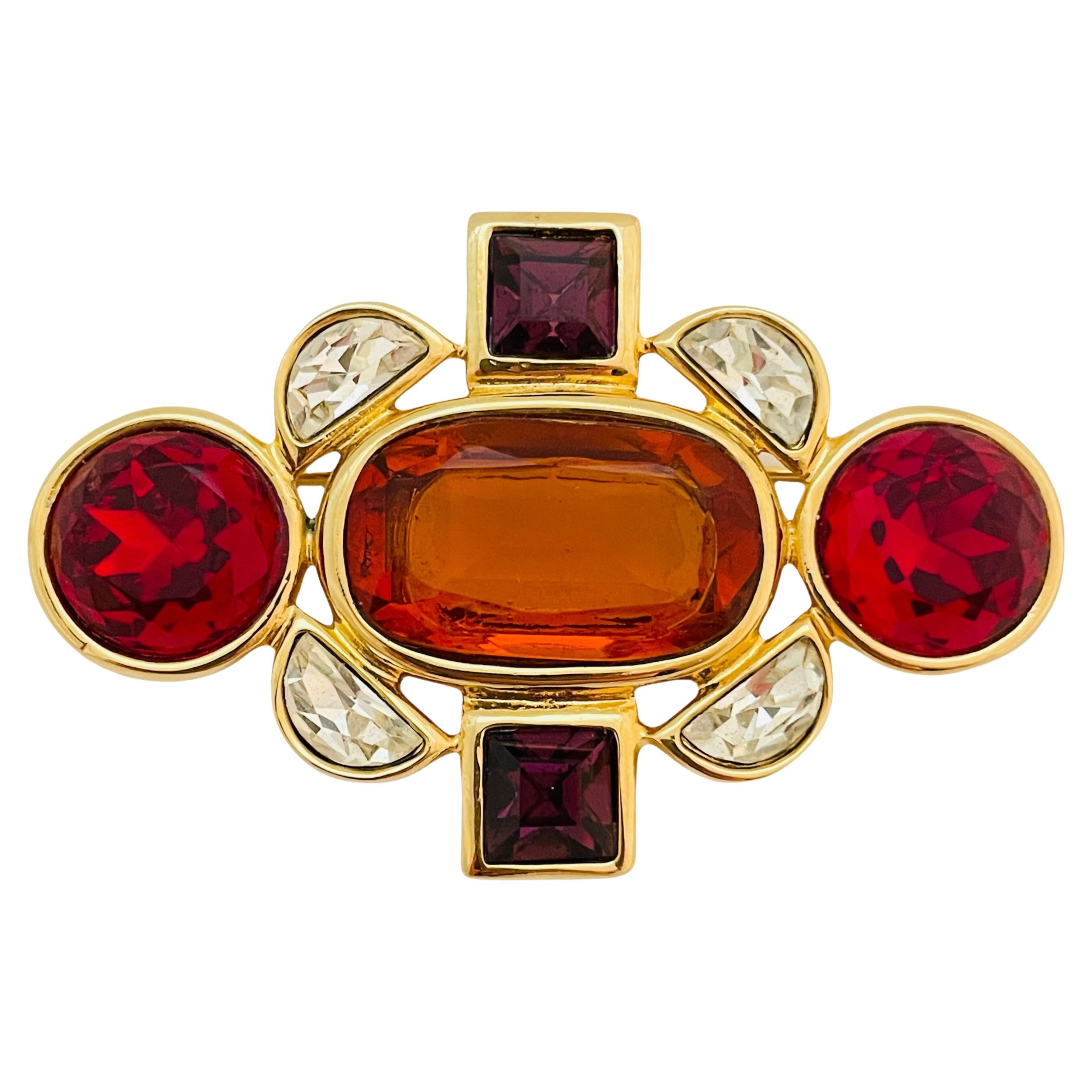 Vintage gold jewel faceted glass designer runway brooch For Sale