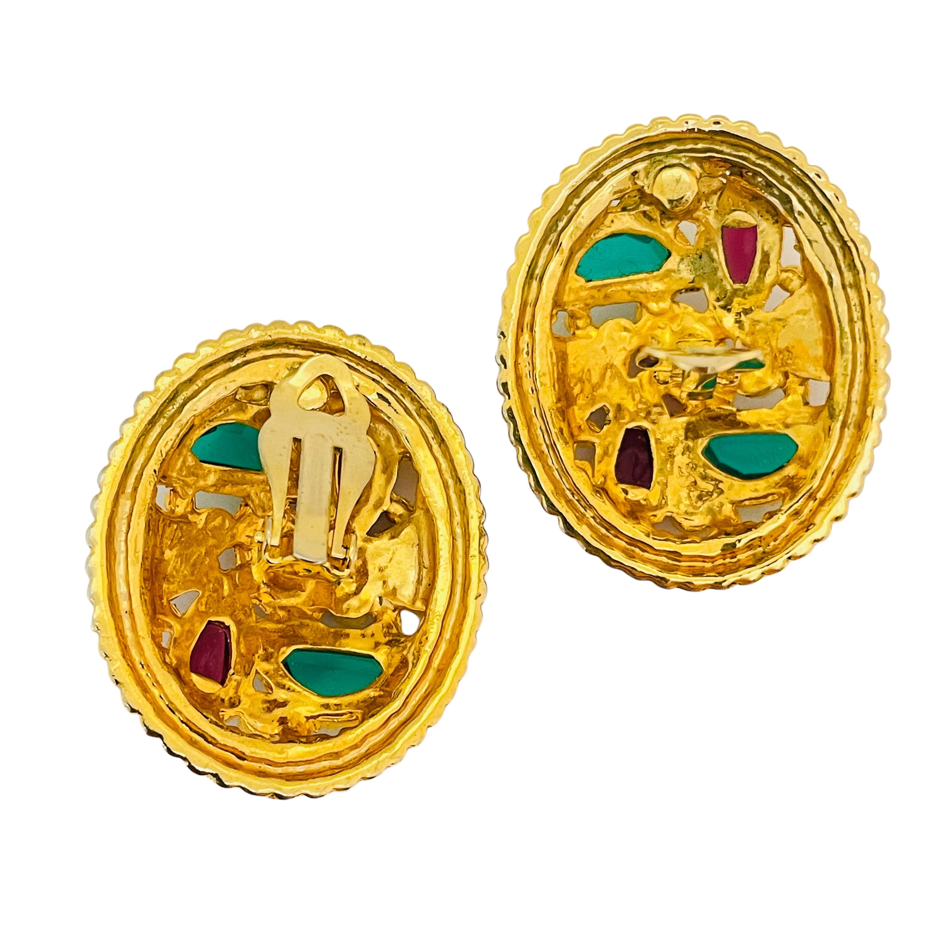 Women's Vintage gold jewel glass cabochon designer runway clip on earrings For Sale