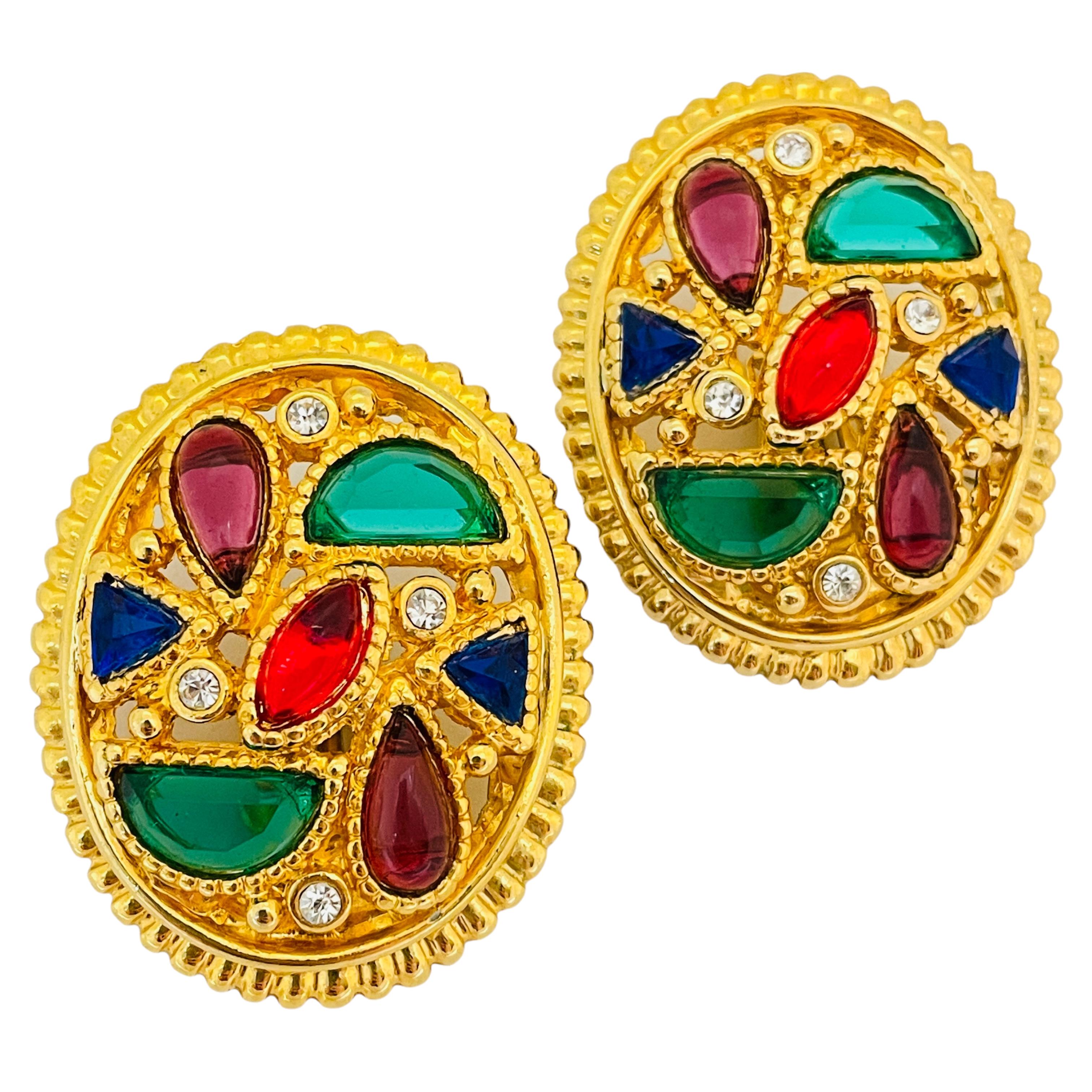Vintage gold jewel glass cabochon designer runway clip on earrings For Sale