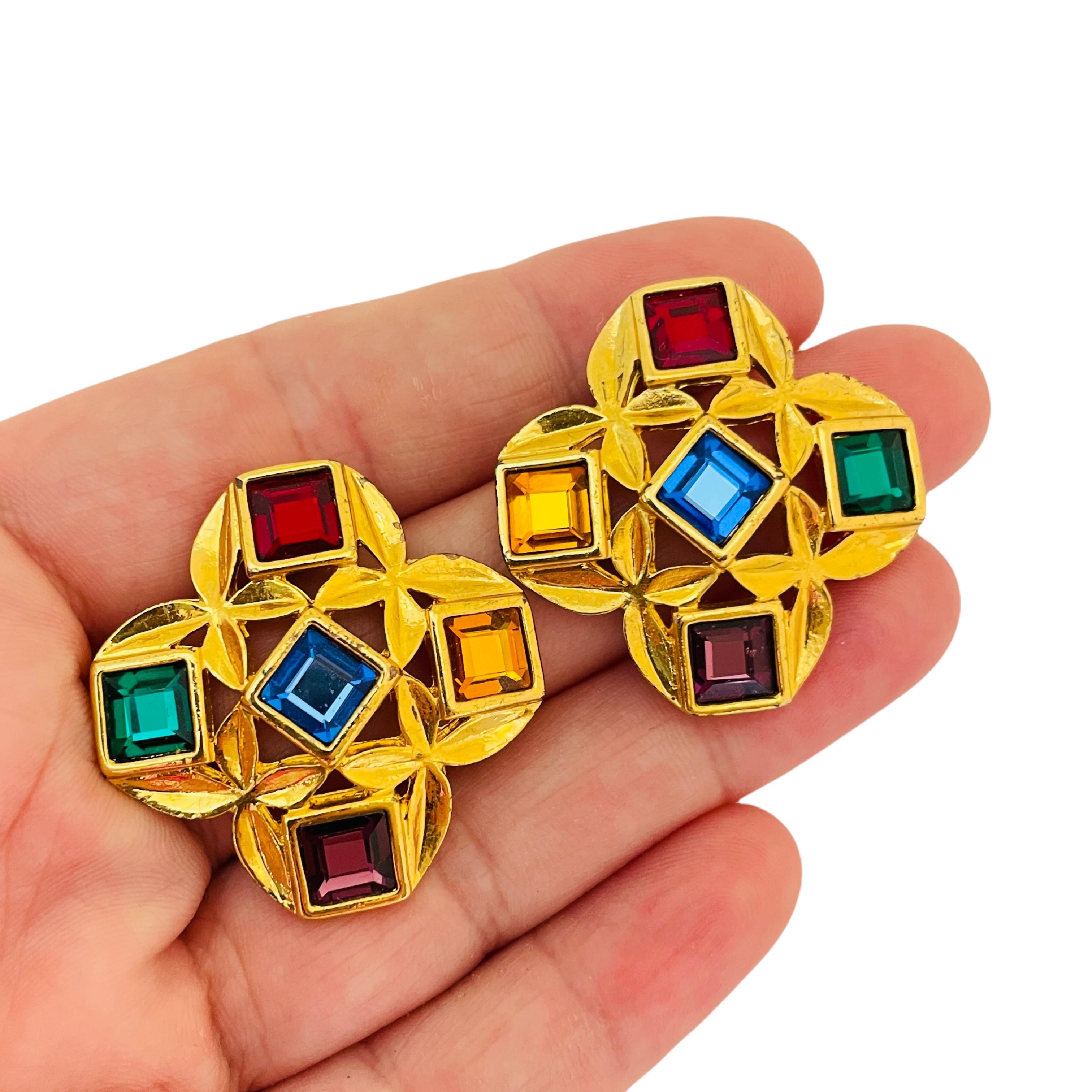 Women's Vintage gold jewel glass Maltese cross pierced earrings For Sale