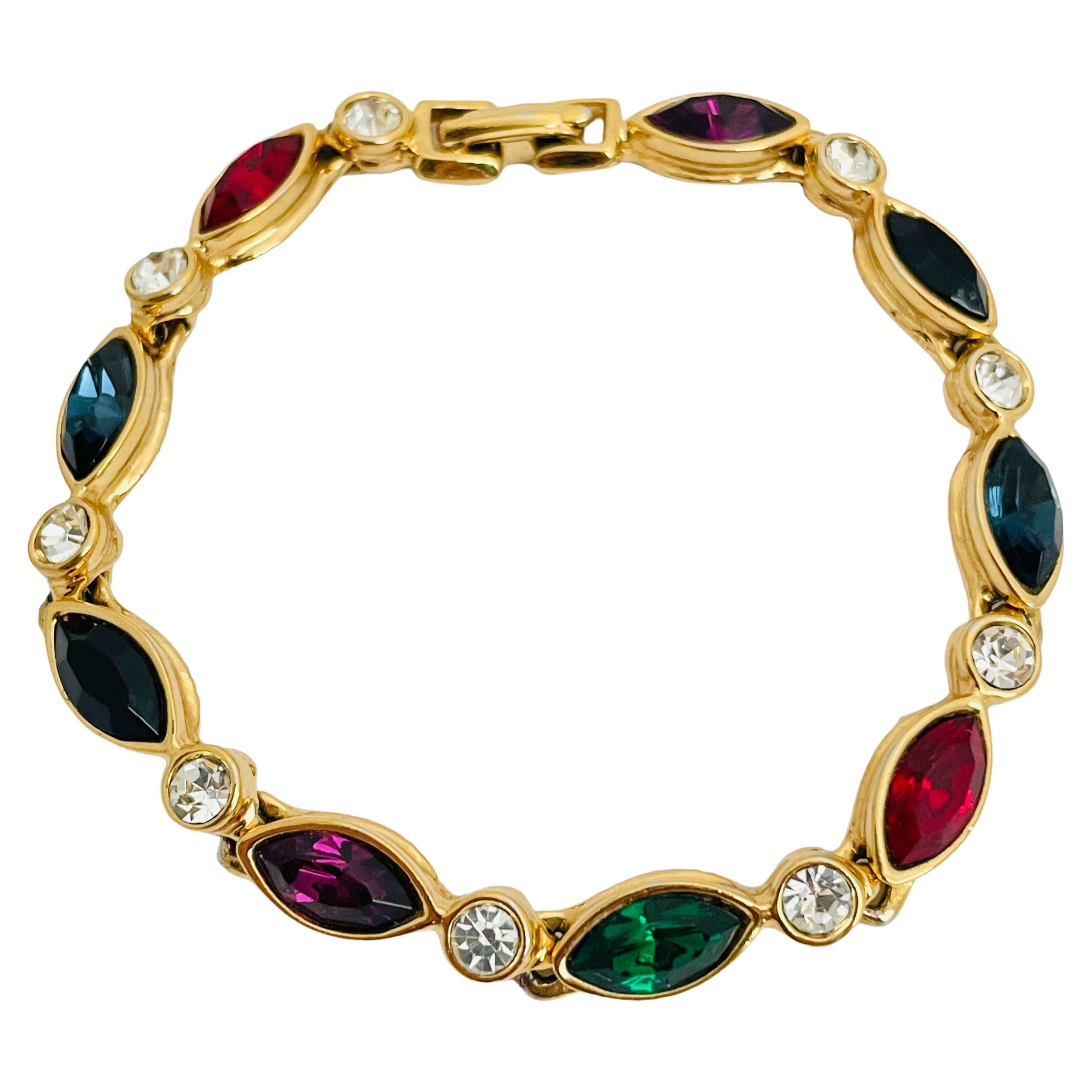 Vintage gold jewel glass stones link designer bracelet For Sale