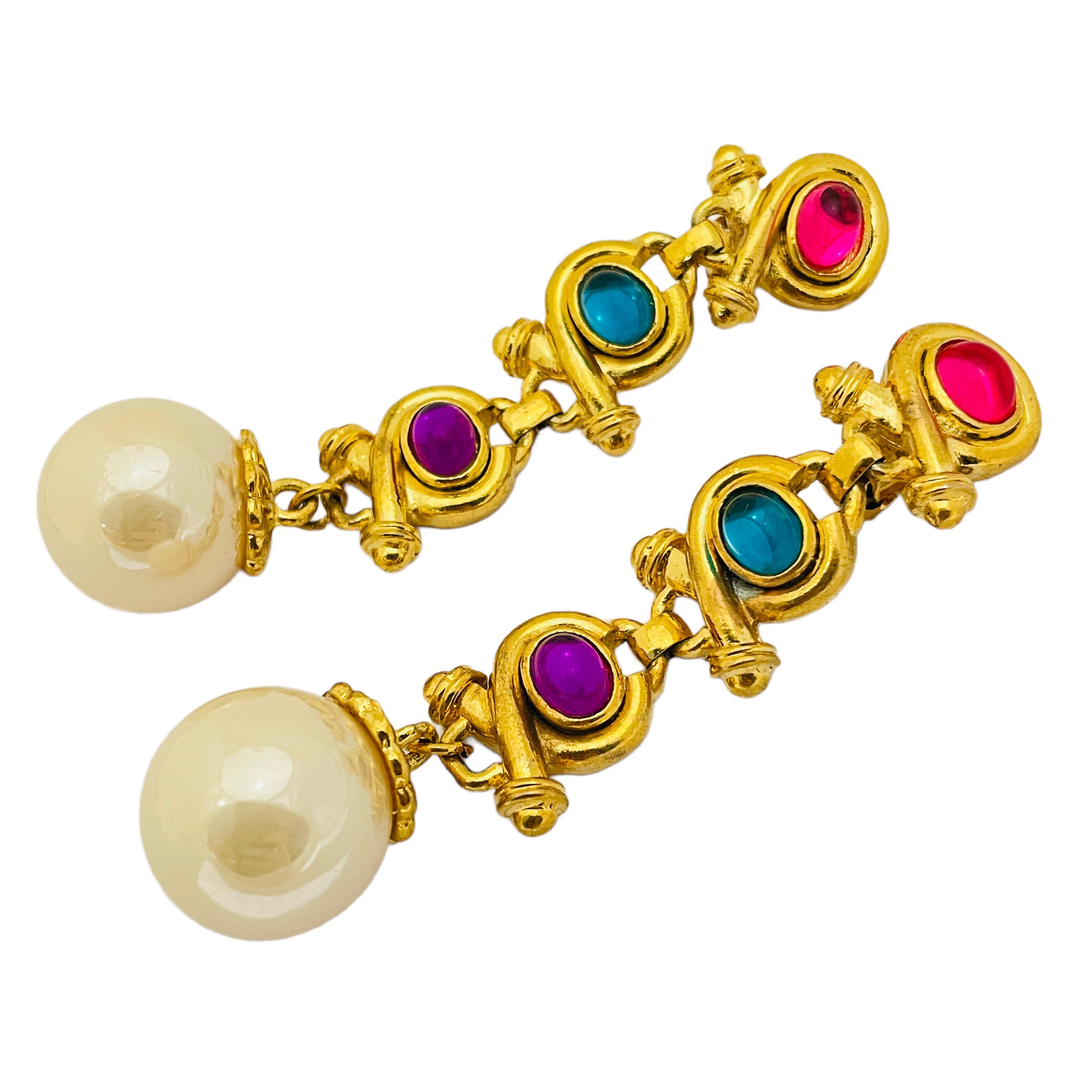 Women's or Men's Vintage gold jewel multicolor pearl designer runway clip on earrings For Sale