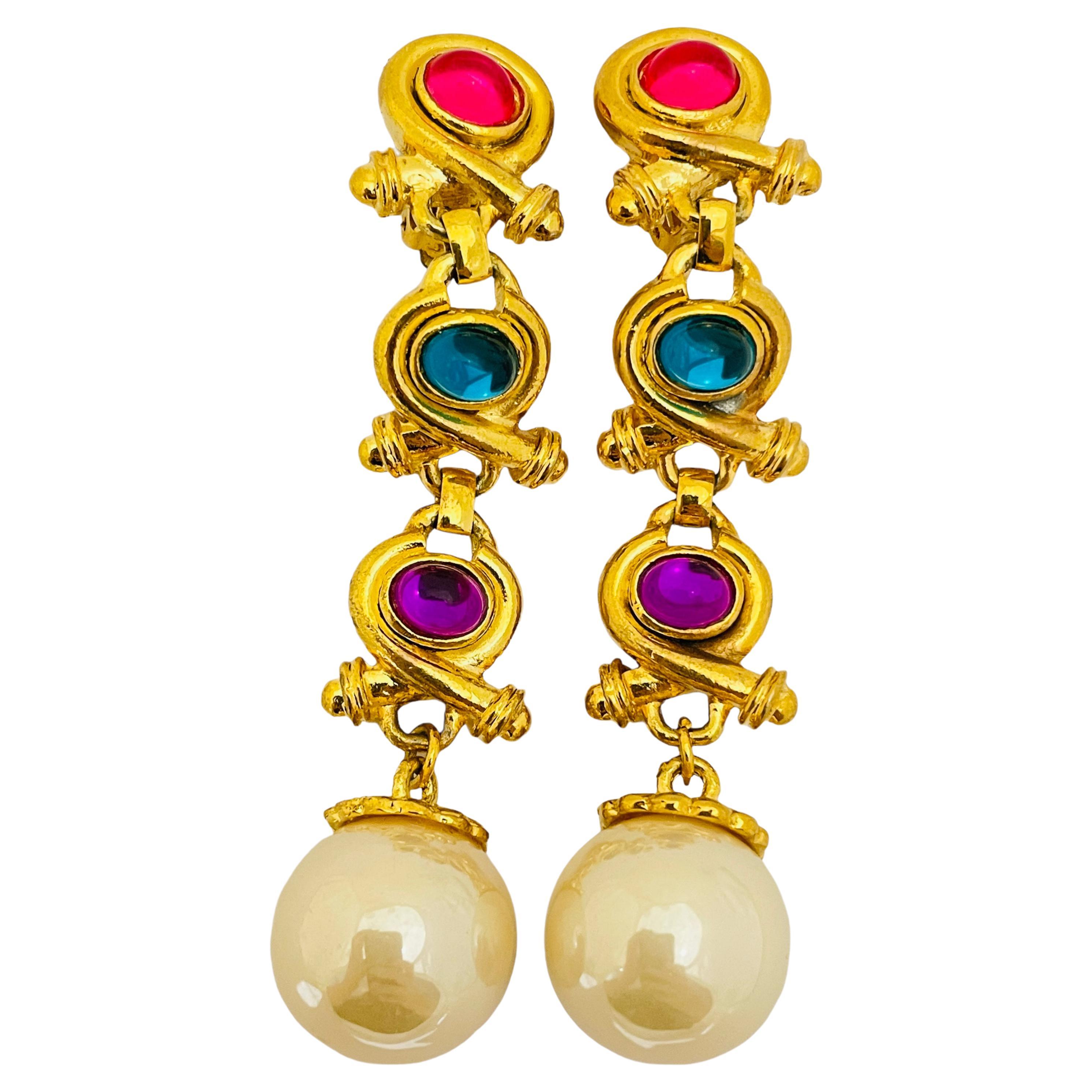 Vintage gold jewel multicolor pearl designer runway clip on earrings For Sale