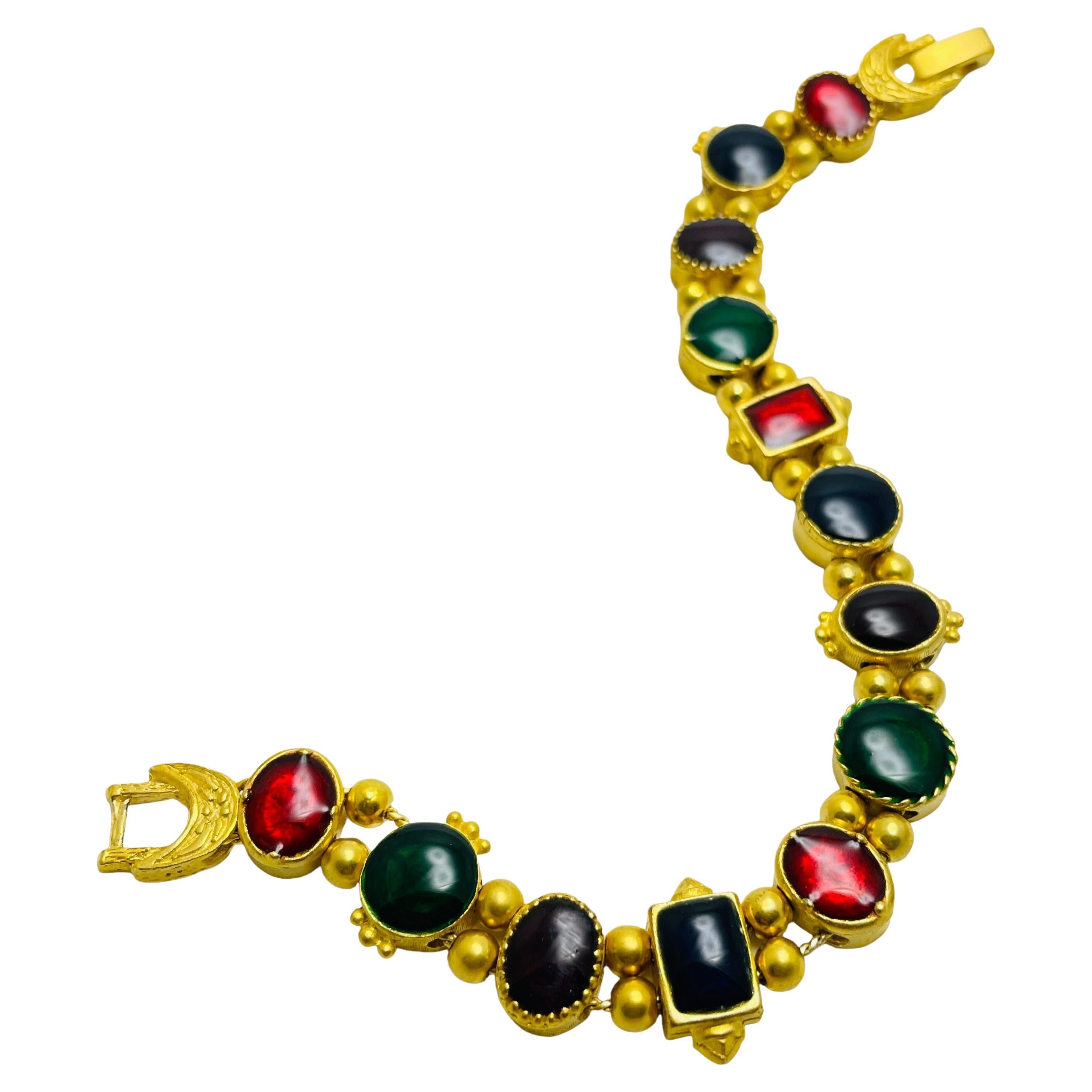 Vintage gold jewel red blue green slide charm bracelet For Sale
