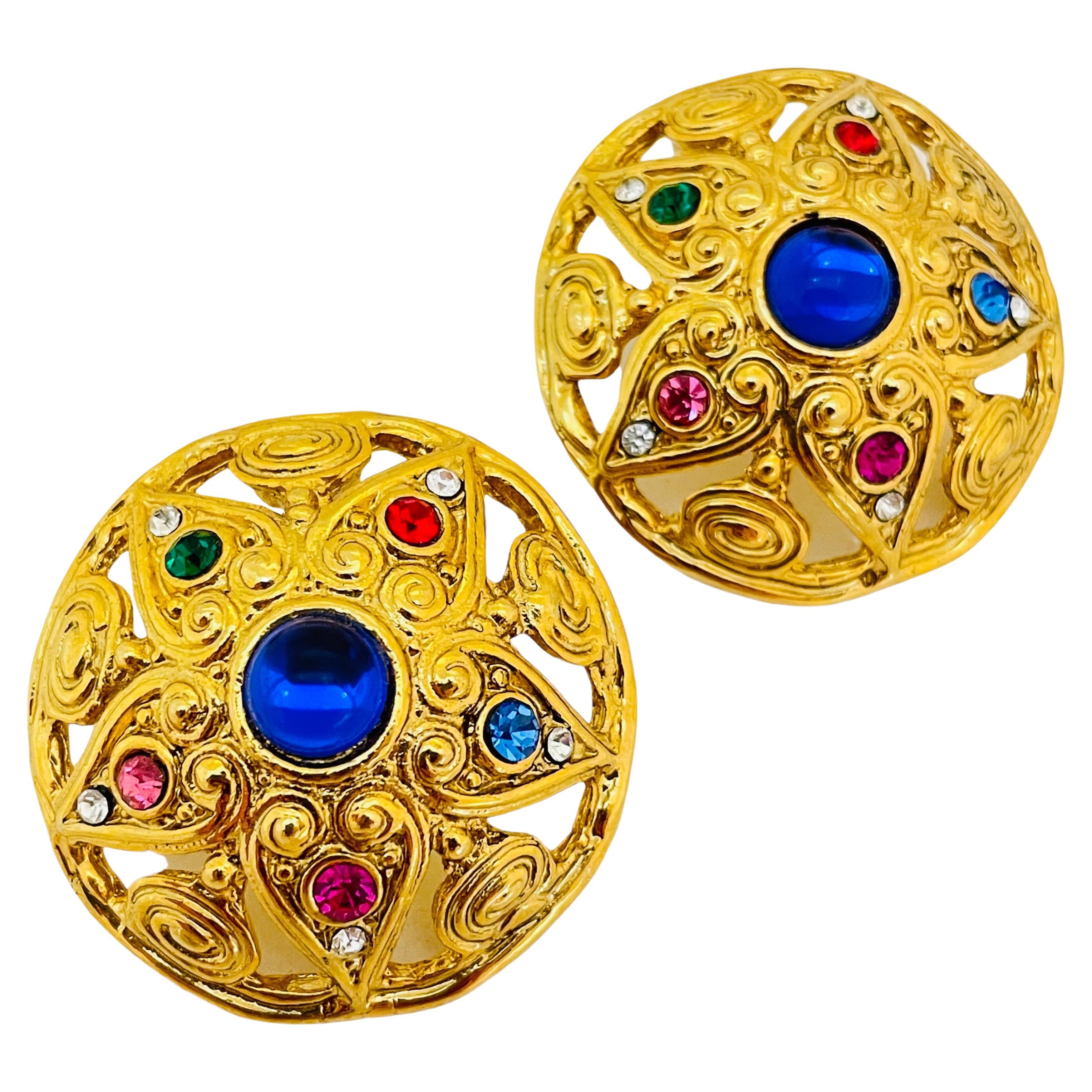 Vintage gold jewel resin round pierced designer earrings For Sale