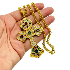 Vintage gold jewel rhinestone cross designer runway necklace