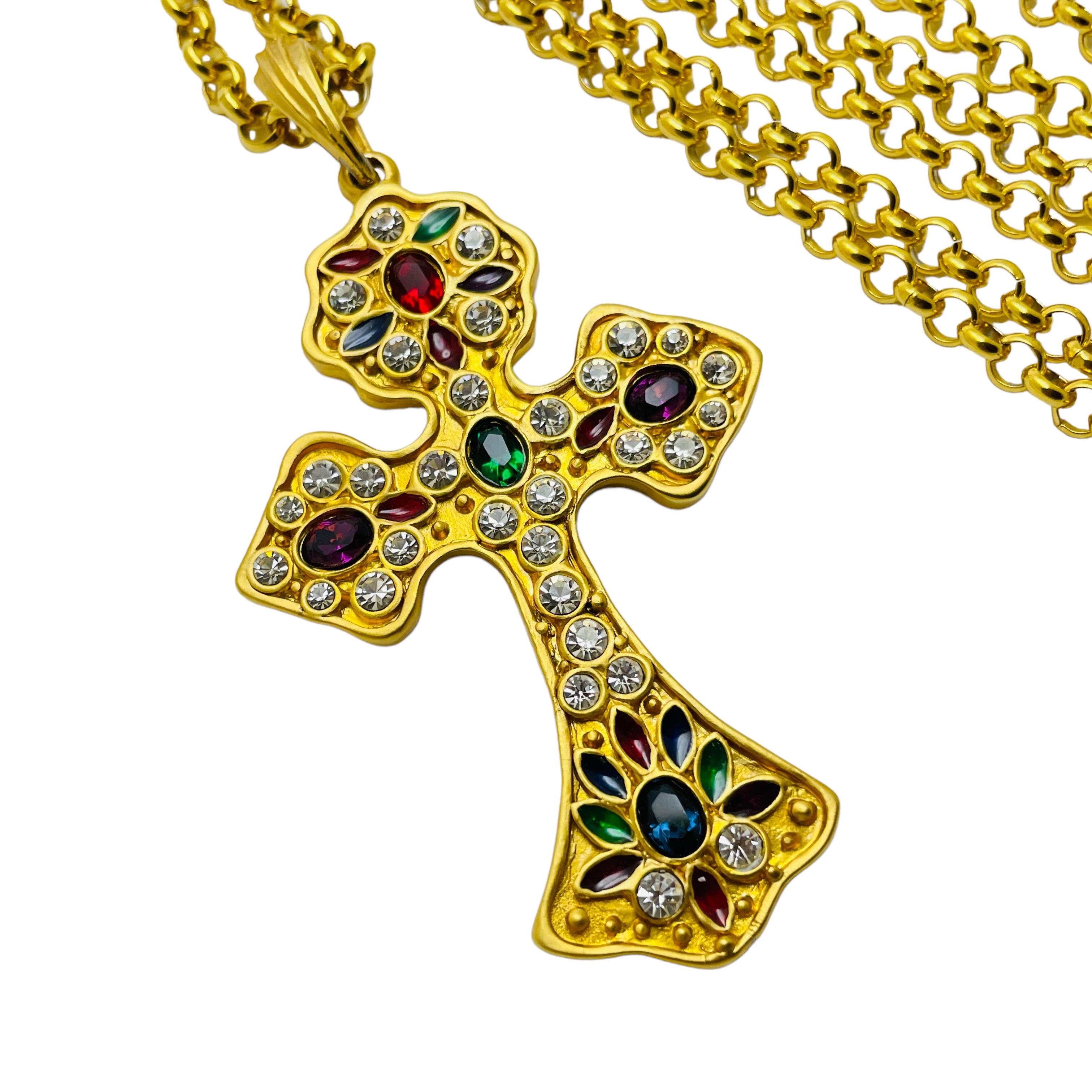 Donna Collana d'oro Jewell d'epoca con strass e croce di stilista in vendita