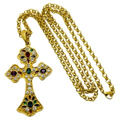  Vintage gold jewel rhinestone cross designer runway necklace
