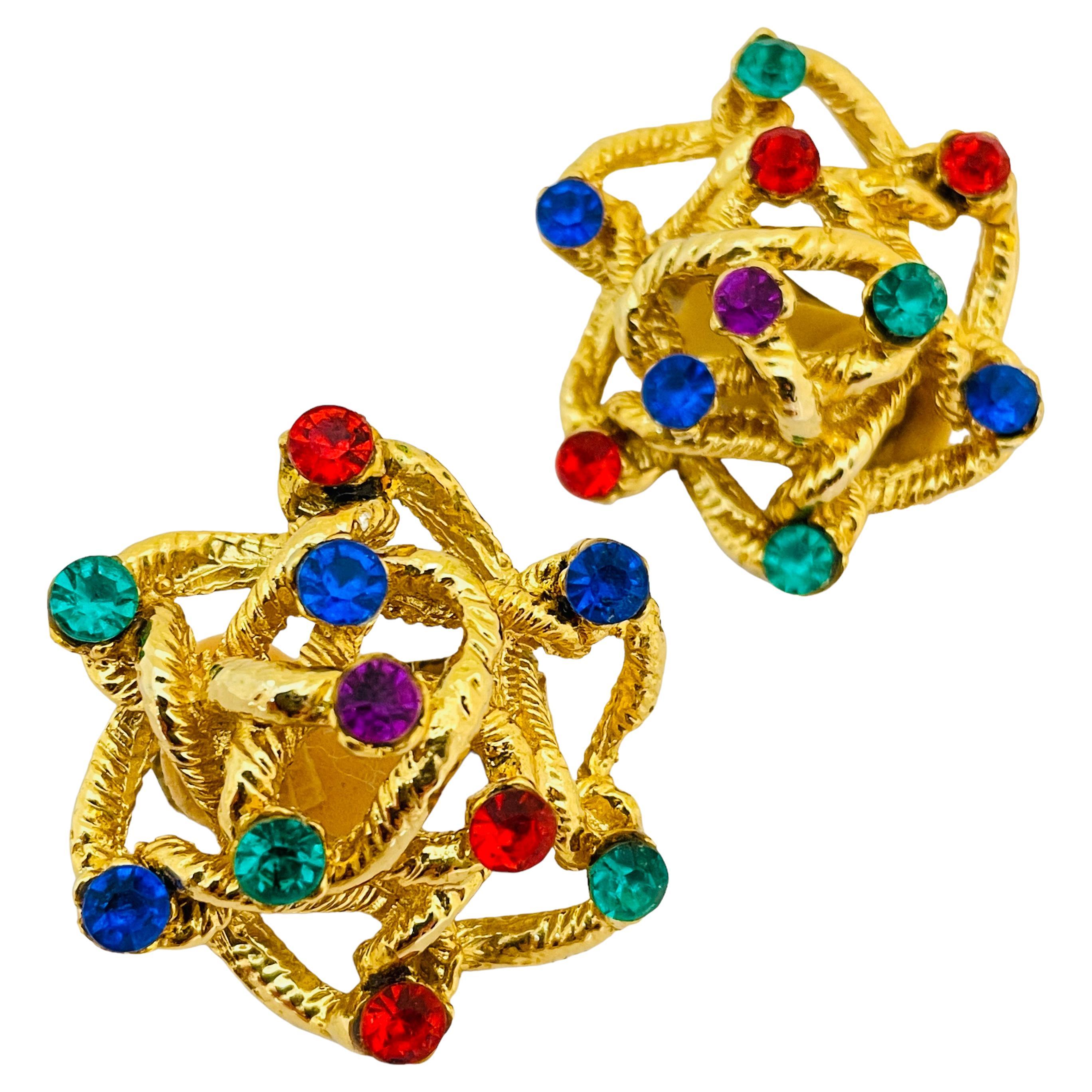 Vintage gold jewel rhinestone designer runway clip on earrings For Sale