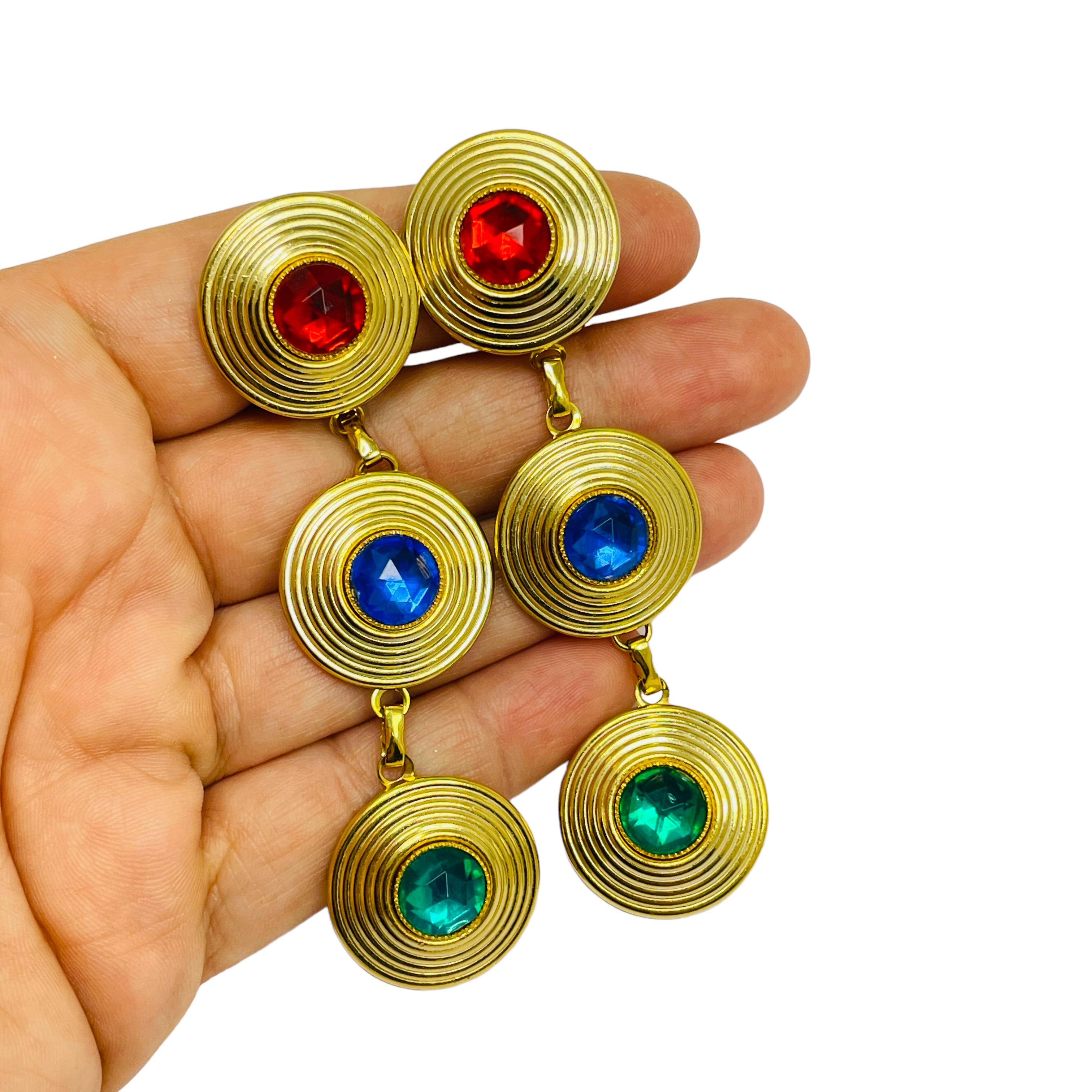Women's or Men's Vintage gold jewel rhinestone drop designer runway clip on earrings For Sale