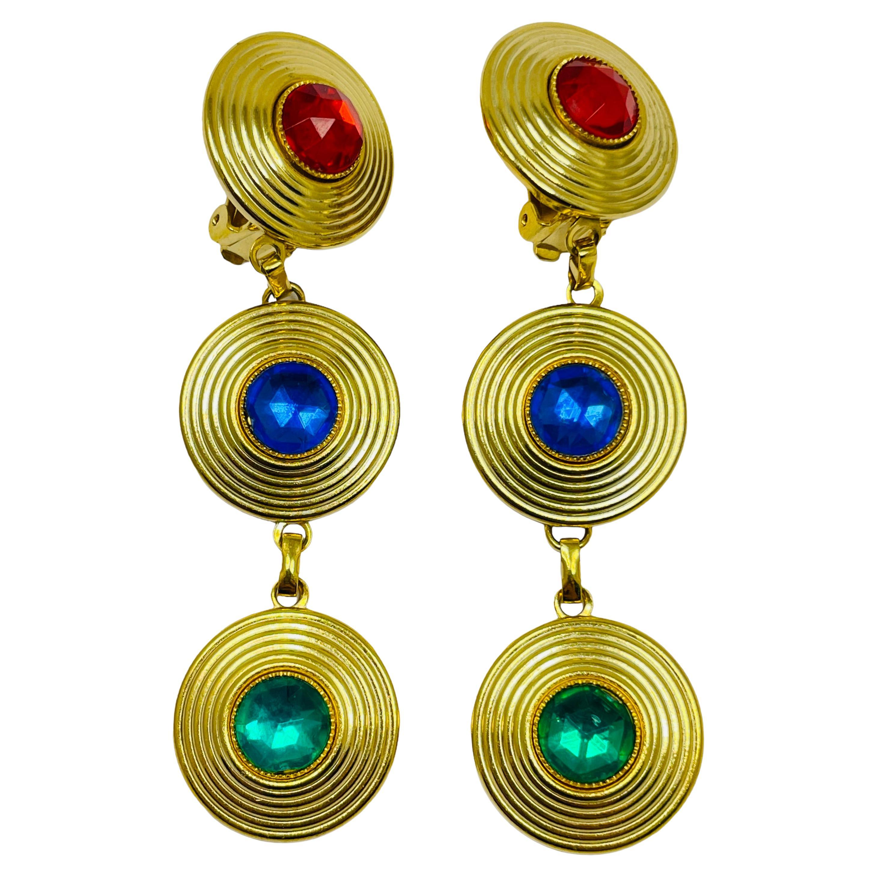 Vintage gold jewel rhinestone drop designer runway clip on earrings For Sale