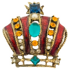 Vintage gold jewel rhinestone enamel royal crown brooch