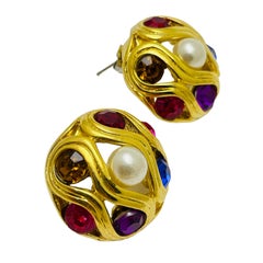 Vintage gold jewel rhinestone pearl designer earrings
