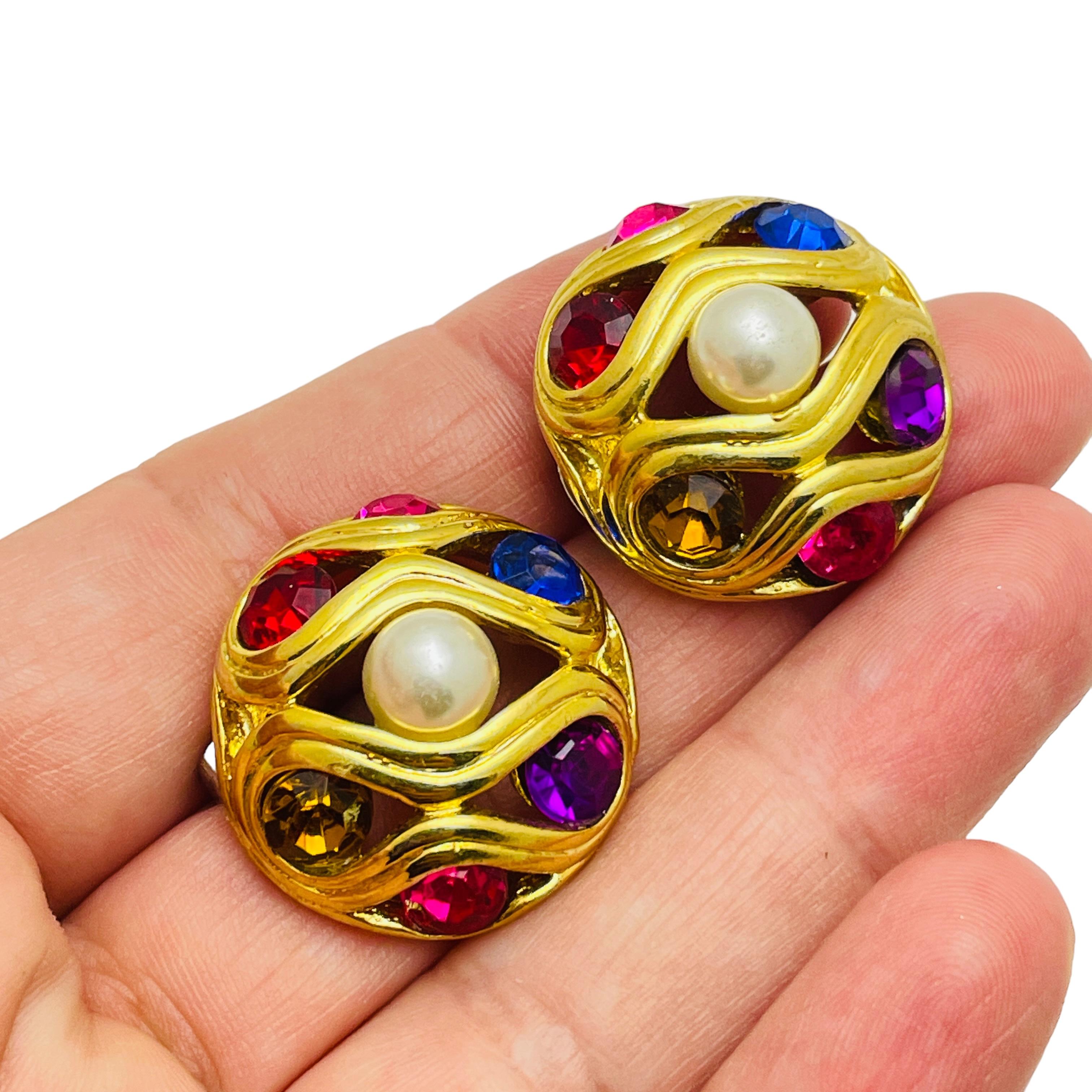 Women's Vintage gold jewel rhinestone pearl designer earrings For Sale