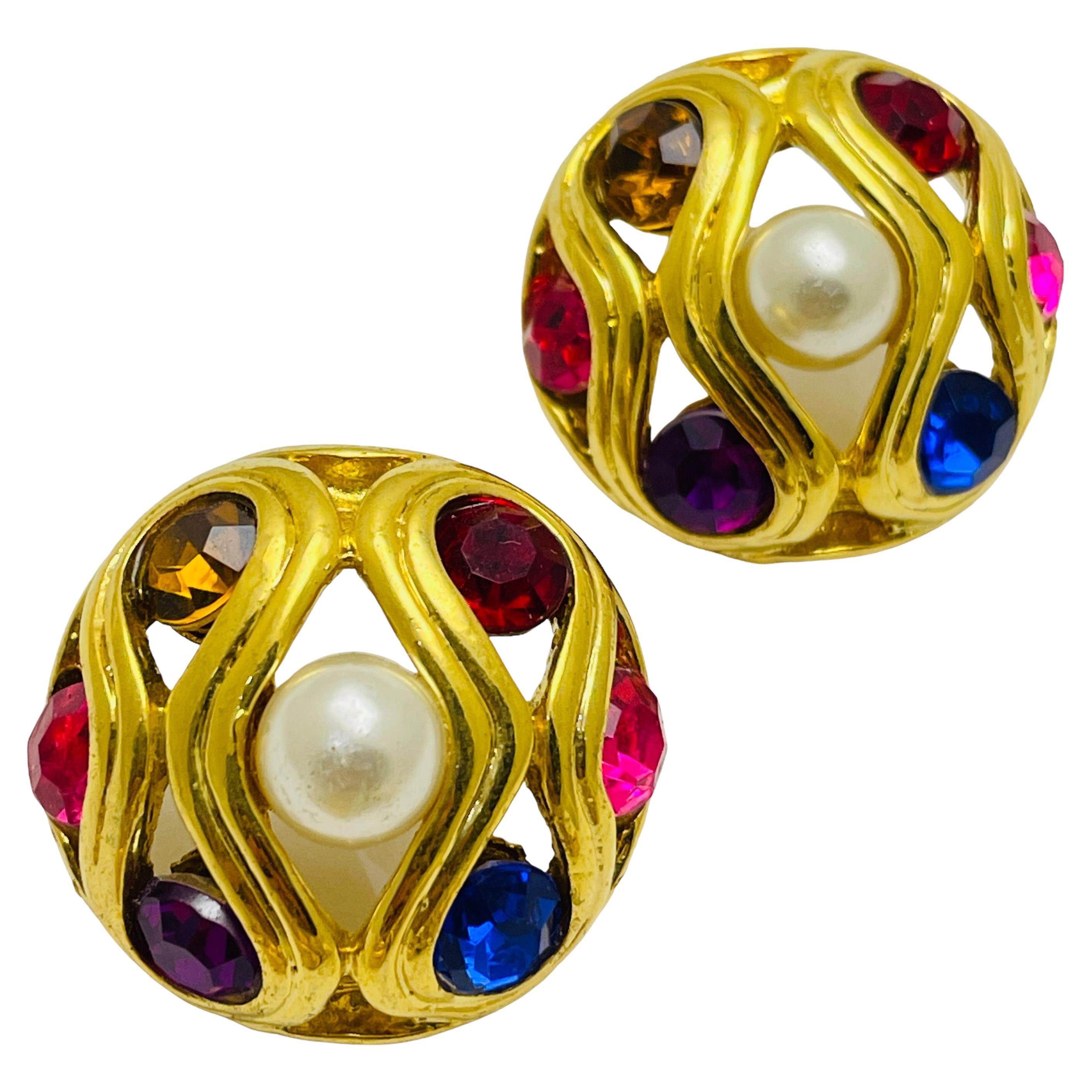 Vintage gold jewel rhinestone pearl designer earrings