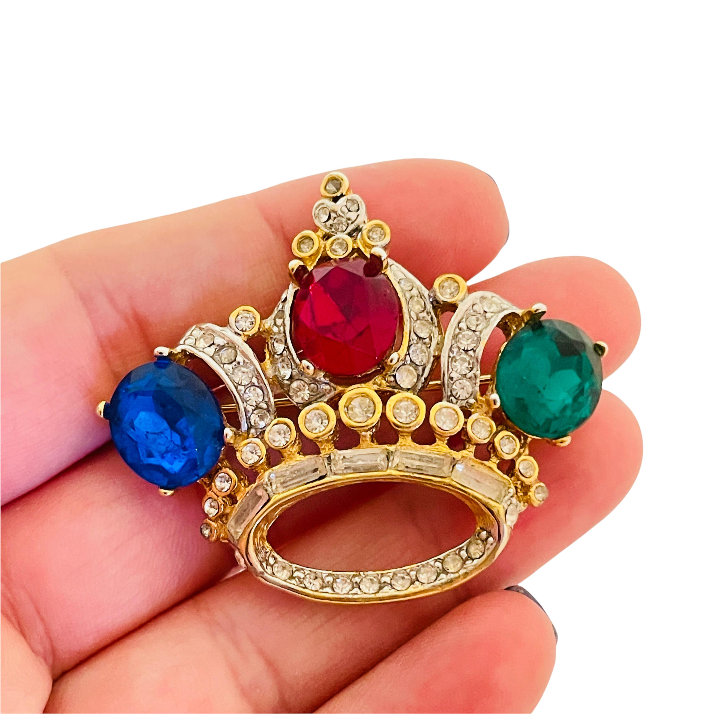 Women's Vintage gold jewel rhinestone royal crown designer runway brooch