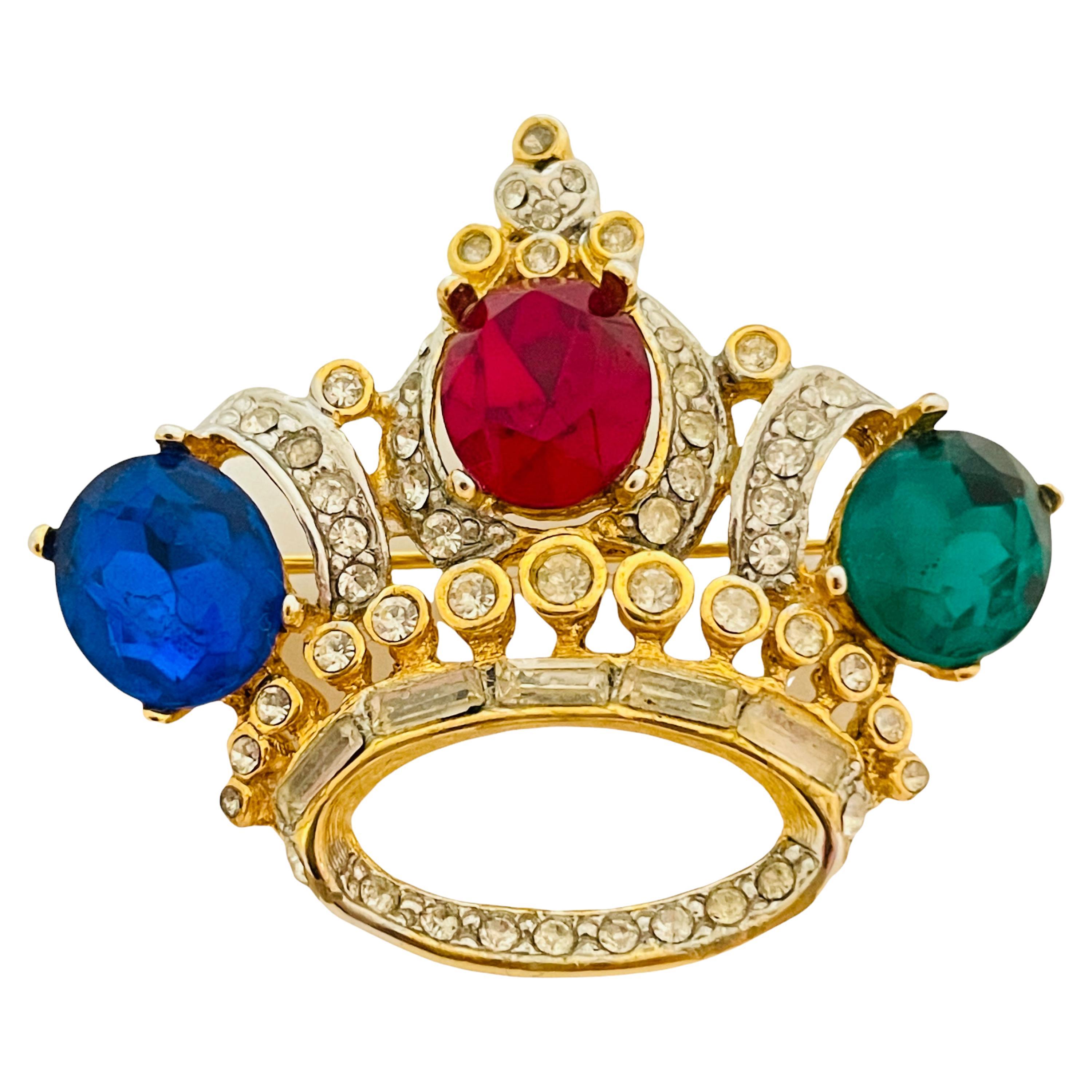 Vintage gold jewel rhinestone royal crown designer runway brooch