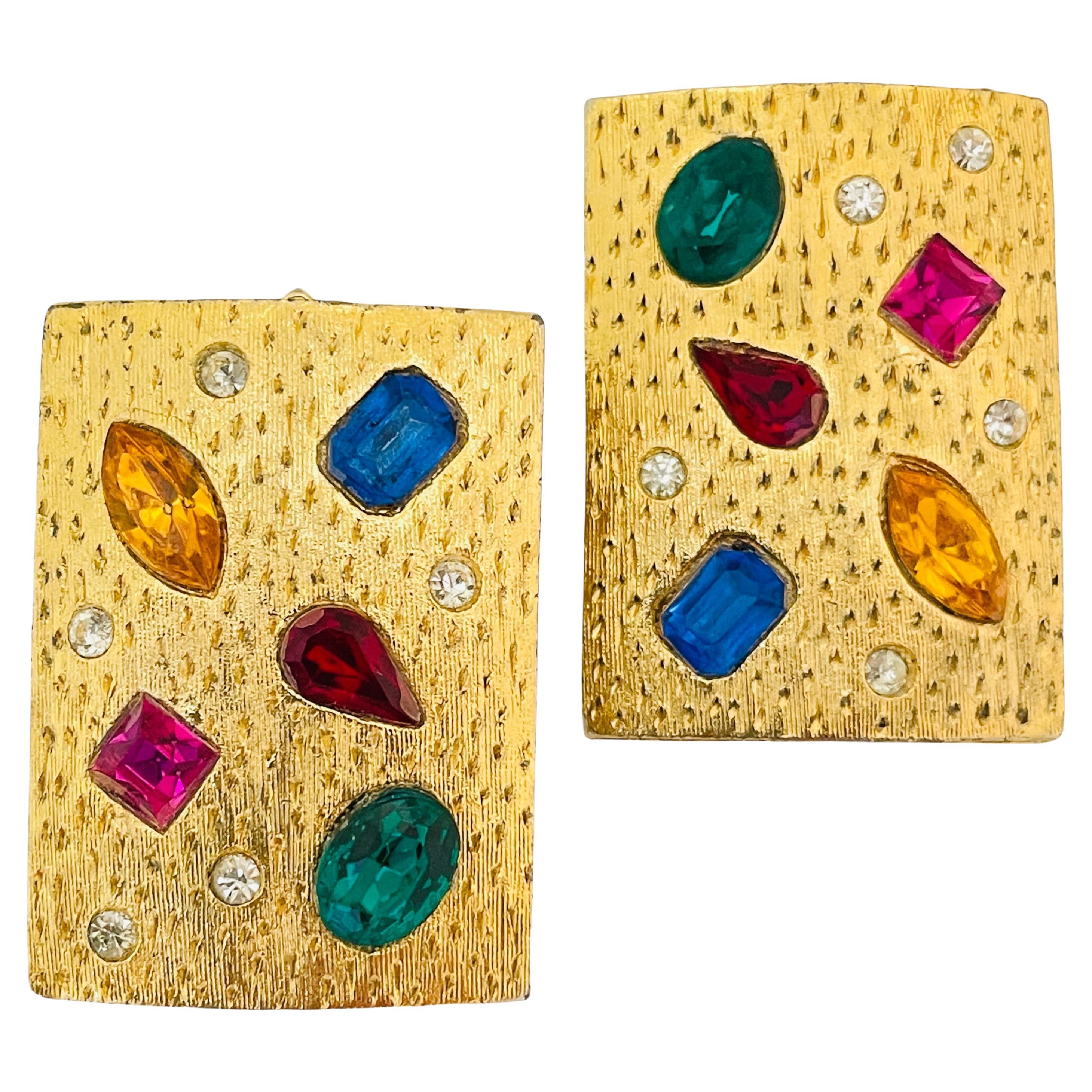 Vintage gold jewel rhinestones modernist designer runway clip on earrings For Sale