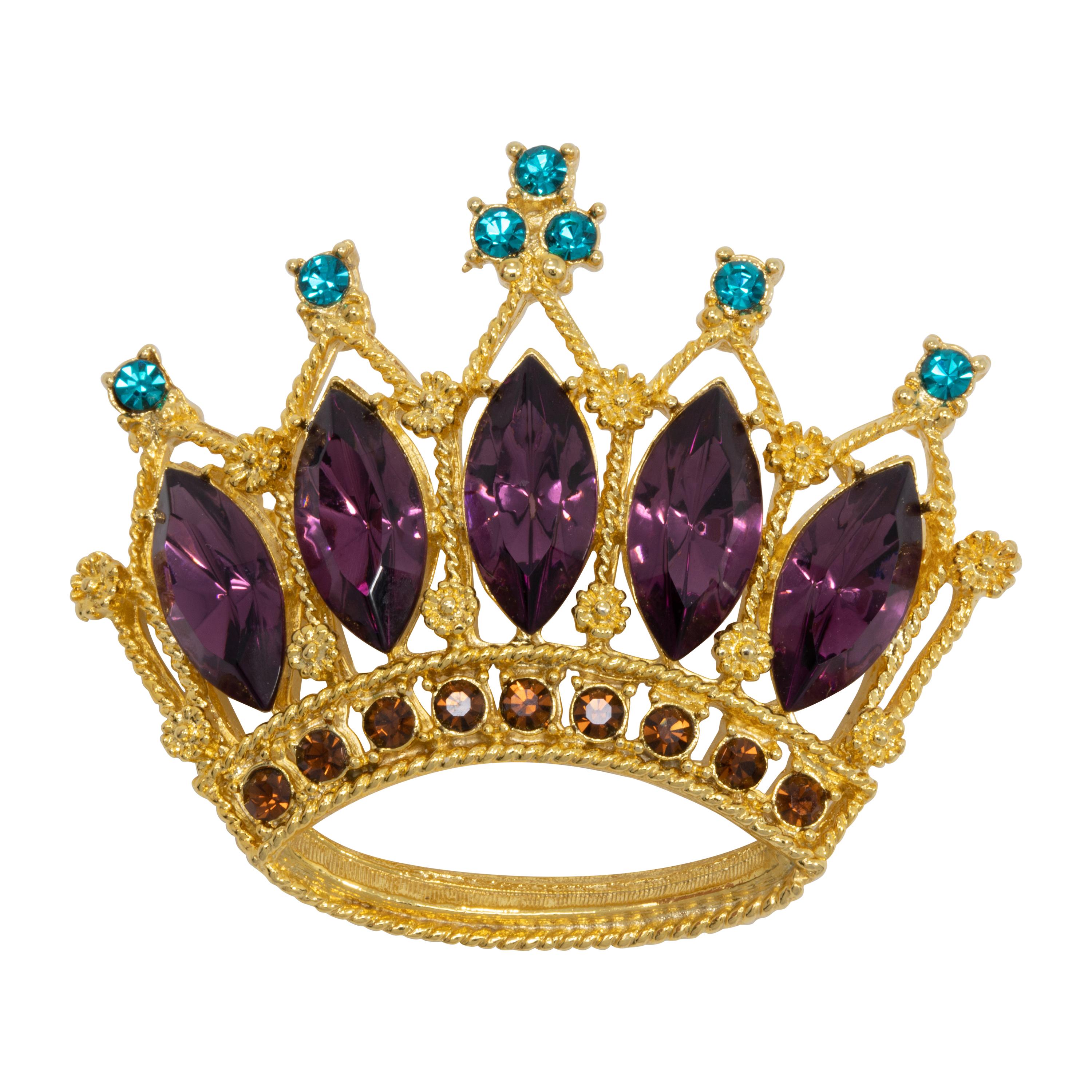 Vintage Gold Jeweled Crown Pin Brooch, Amethyst and Emerald Crystals
