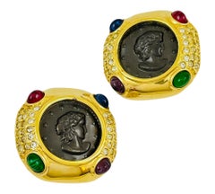 Vintage gold Jewels of India coin pave rhinestone designer runway clip on earrin