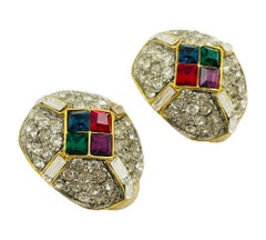 Vintage gold Jewels of India pave rhinestone designer runway clip on earrings