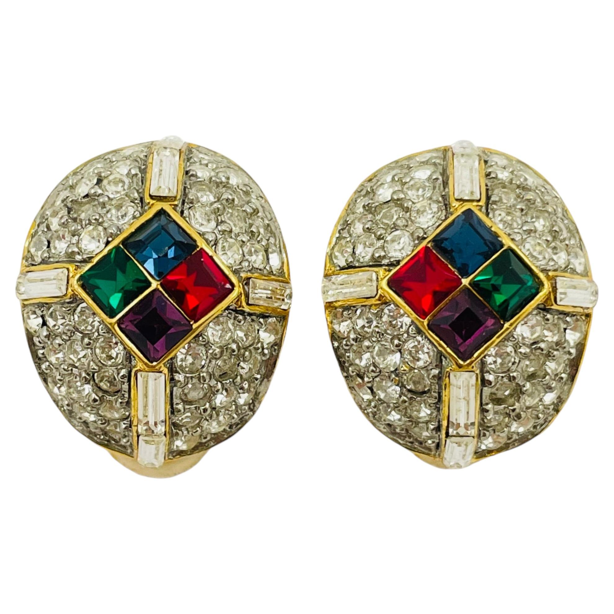 Vintage gold Jewels of India pave rhinestone designer runway clip on earrings
