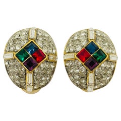 Vintage gold Jewels of India pave rhinestone designer runway clip on earrings
