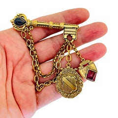 Vintage gold key dangle chain charm brooch