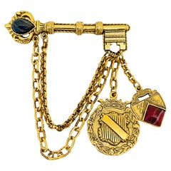 Vintage gold key dangle chain charm brooch