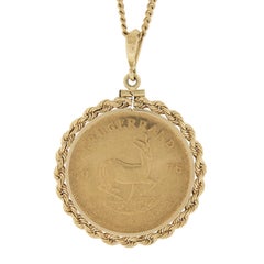 Vintage Gold Krugerrand Coin Rope Chain Frame Pendant w/ 14k Curb Link Chain