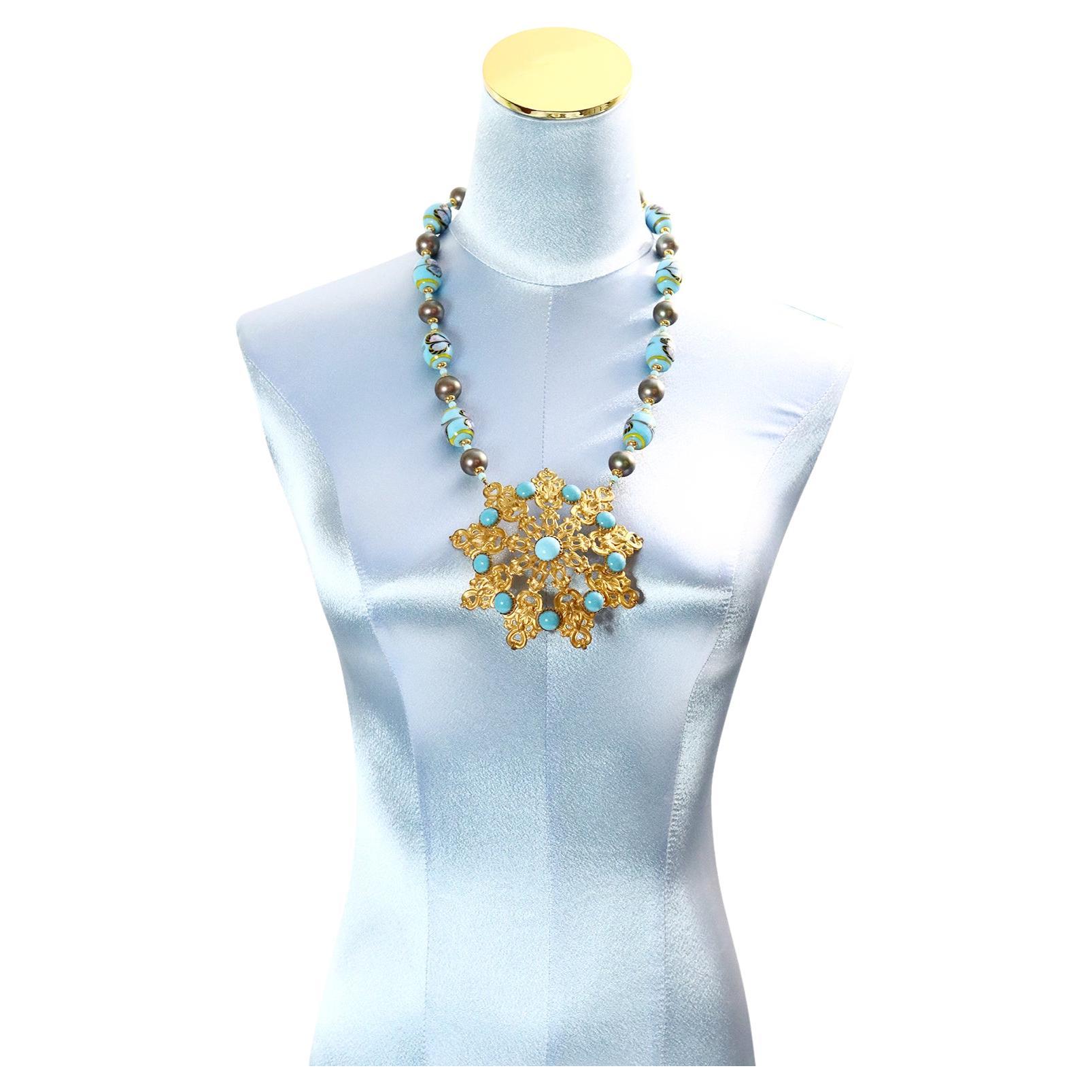 Vintage Gold Tone Large Disc with Faux Turquoise Glass Beads. Will look great on many colors. Aquired in Paris.  Necklace portion is 22