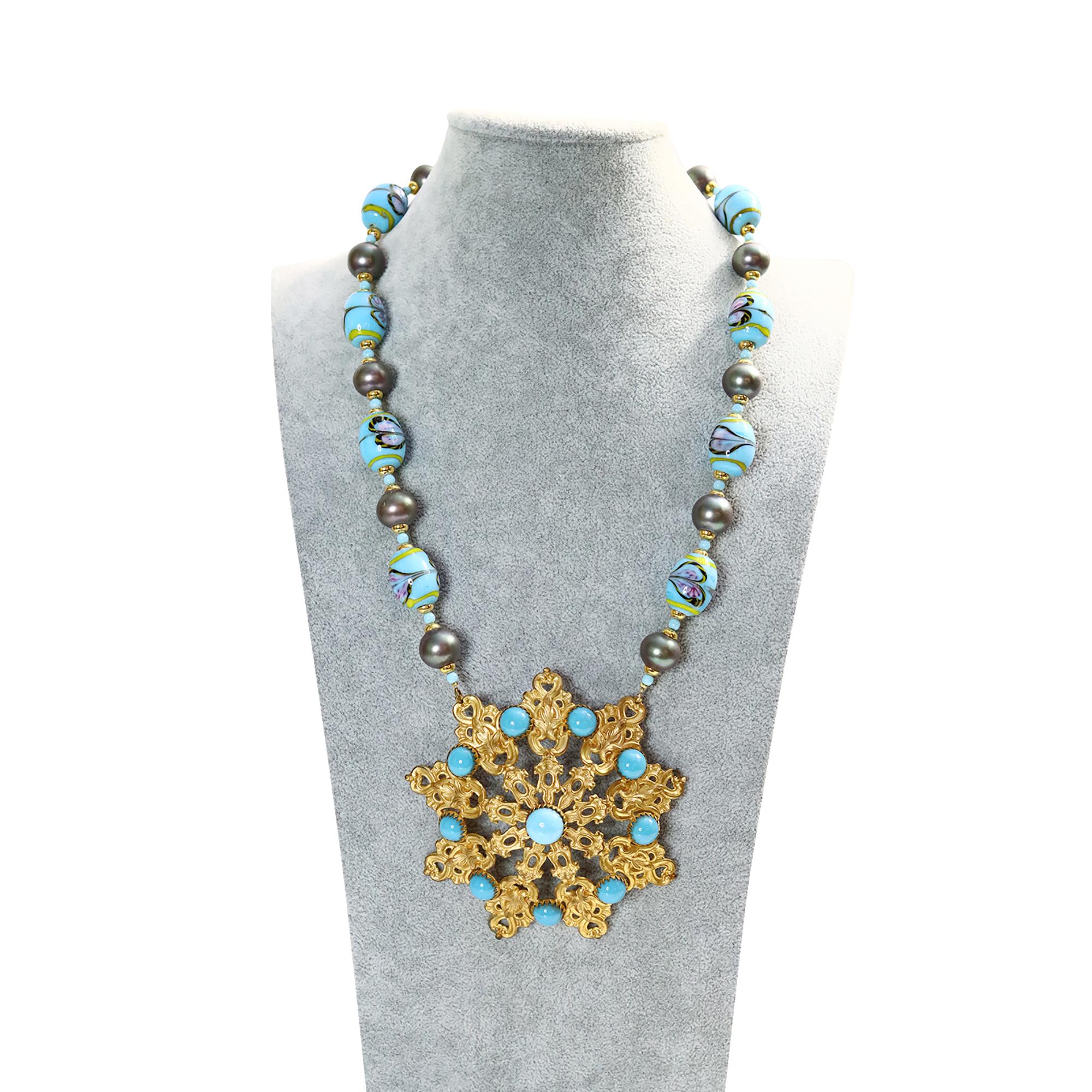 Modern Vintage Gold Large Disc with Faux Turquoise Glass Beads Circa 1980s For Sale
