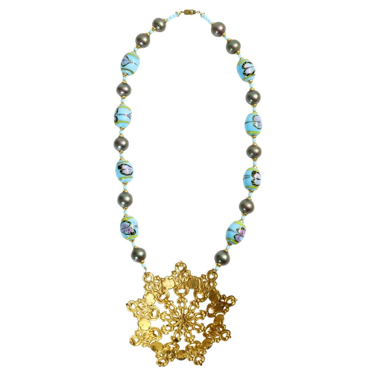 Vintage Gold Large Disc with Faux Turquoise Glass Beads Circa 1980s In Good Condition For Sale In New York, NY