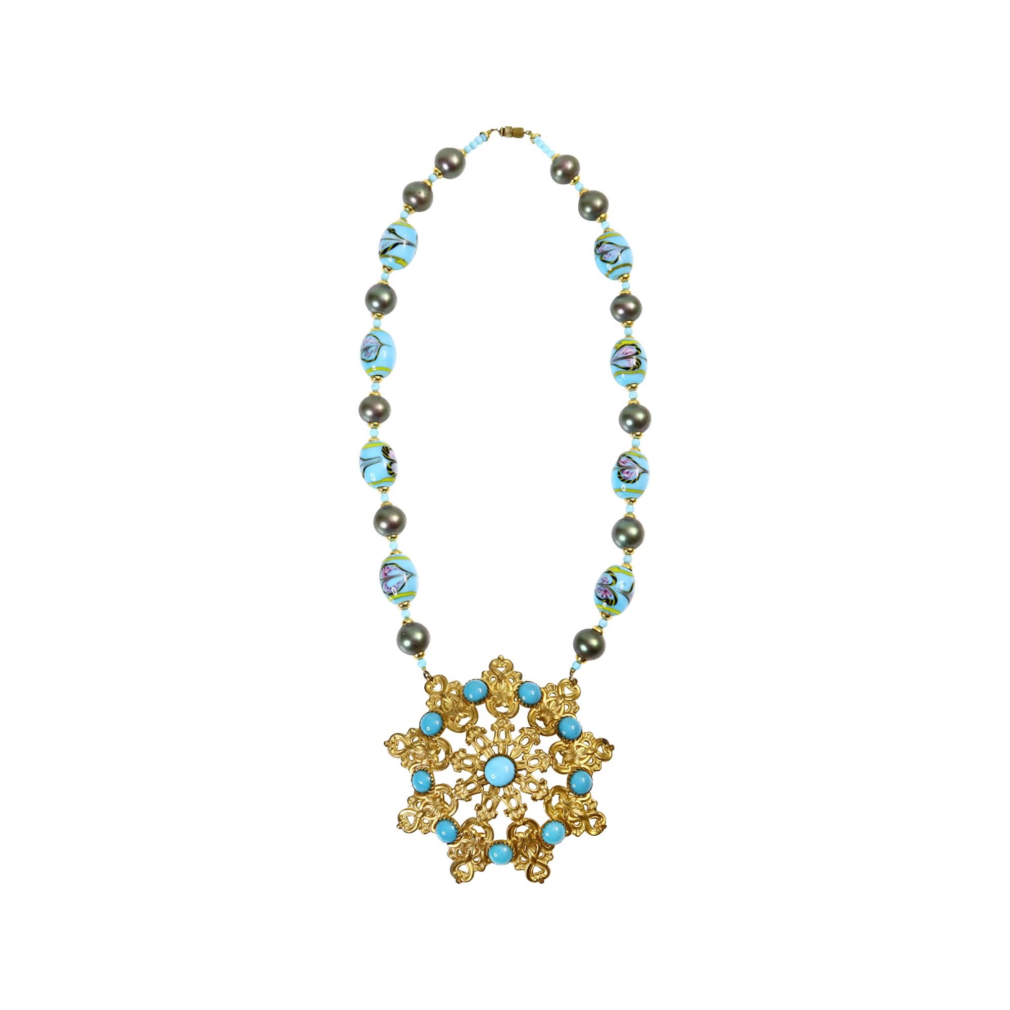 Women's or Men's Vintage Gold Large Disc with Faux Turquoise Glass Beads Circa 1980s For Sale