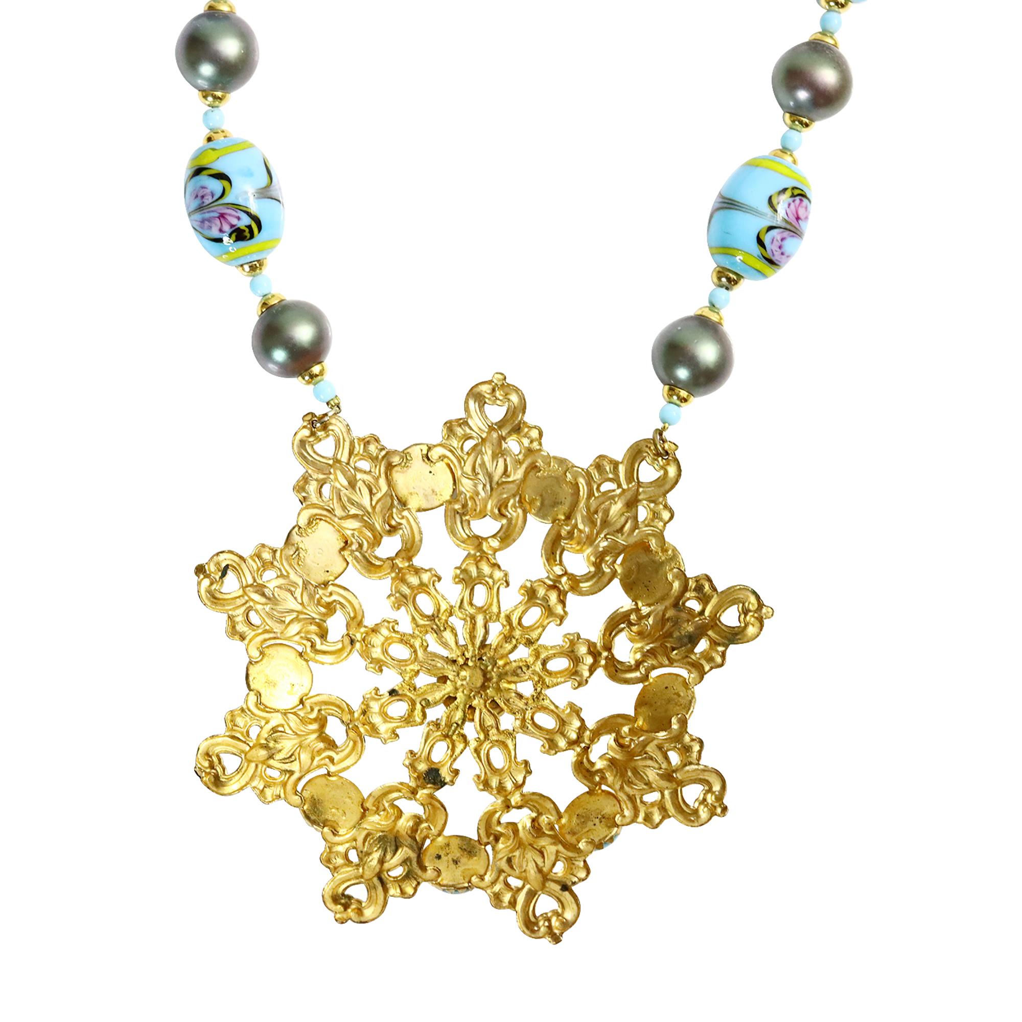 Vintage Gold Large Disc with Faux Turquoise Glass Beads Circa 1980s For Sale 1