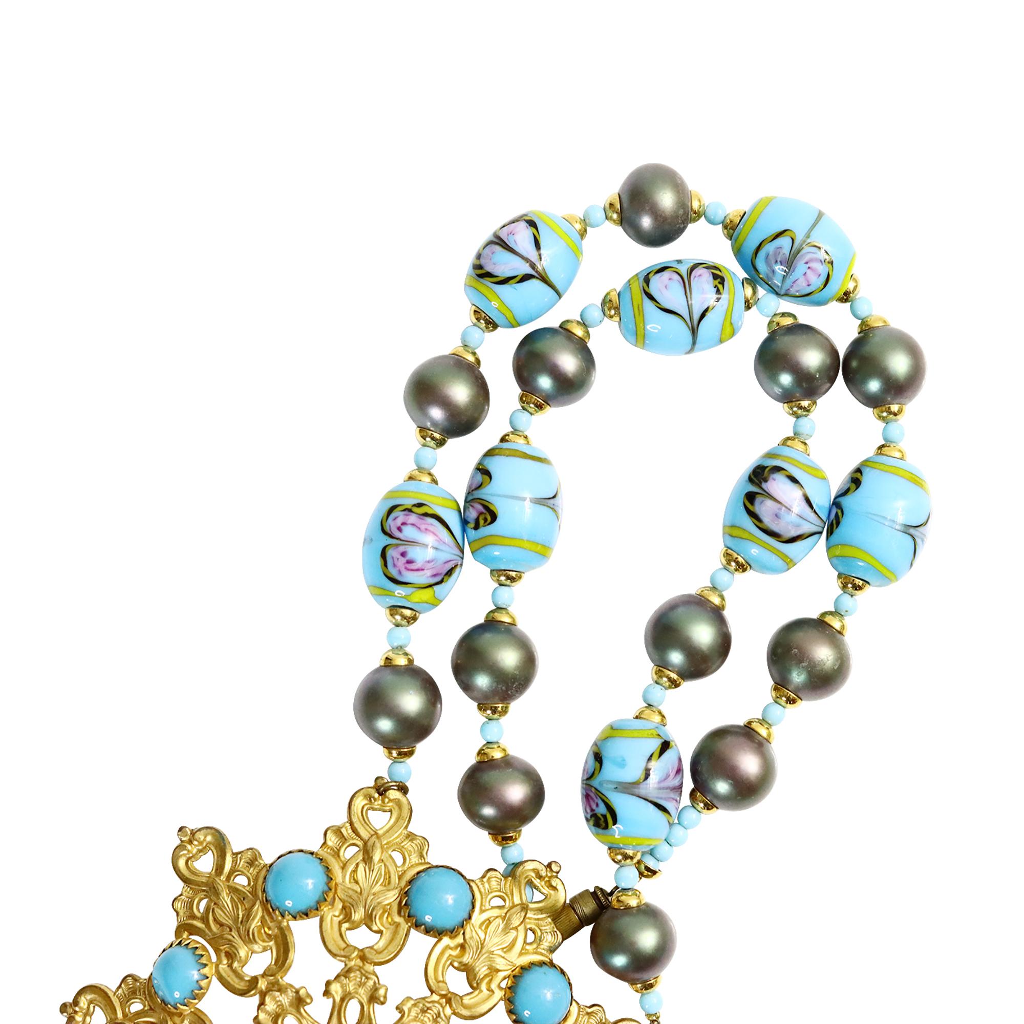 Vintage Gold Large Disc with Faux Turquoise Glass Beads Circa 1980s For Sale 2