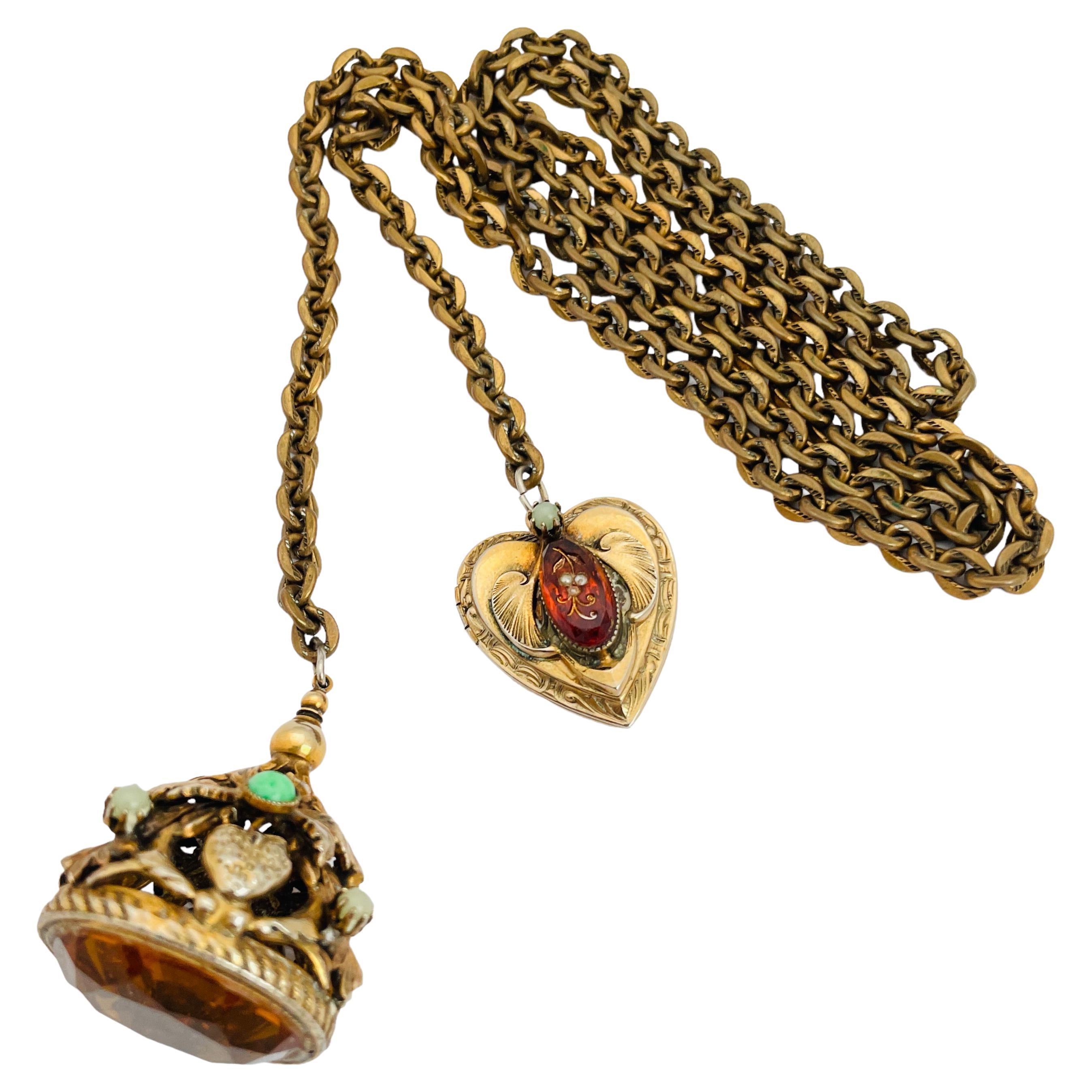 Collier chaîne lariat vintage en or avec pierres de verre, collier de créateur en vente