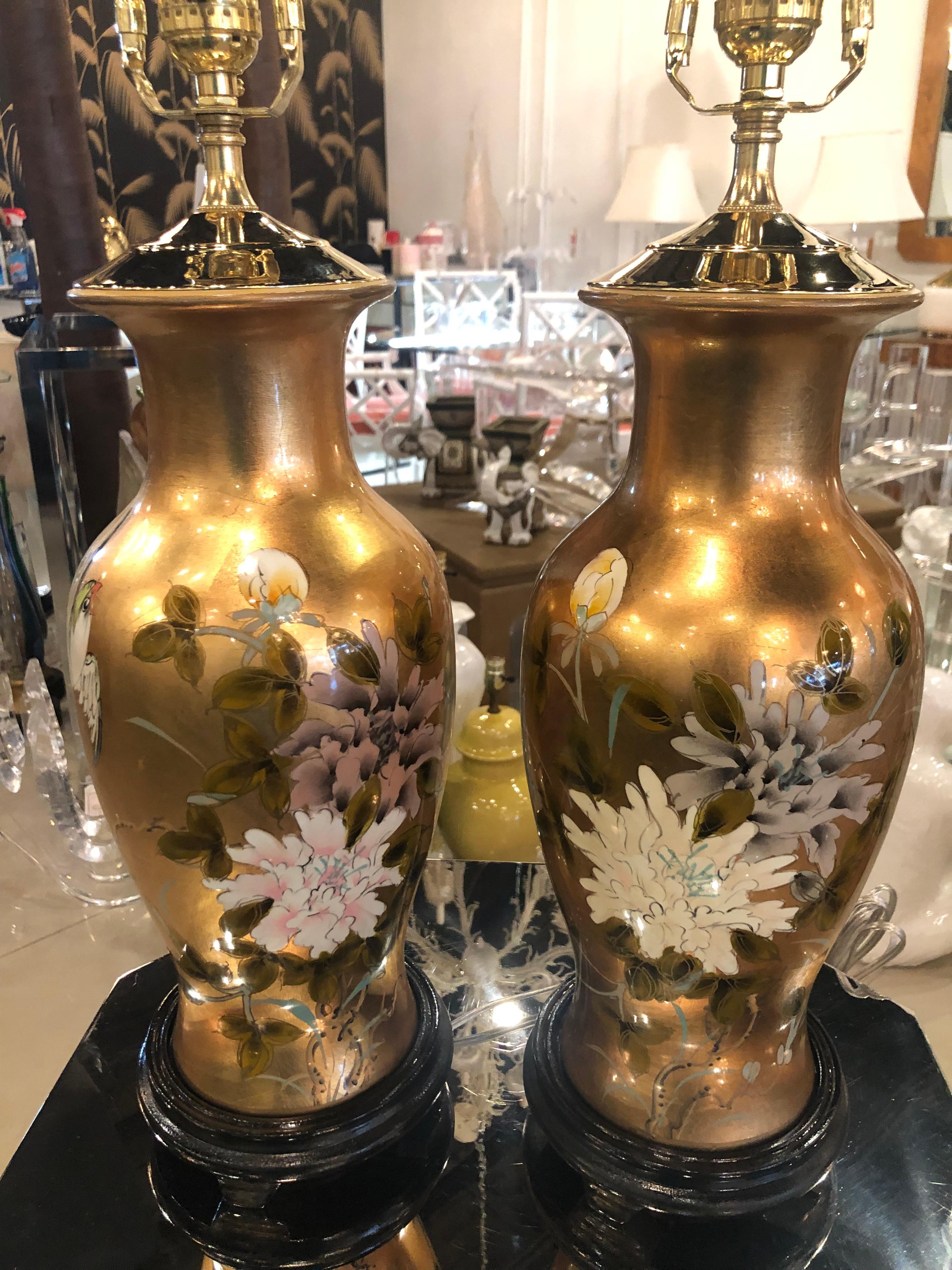 Vintage Gold Leaf Bird Floral Chinoiserie Table Lamps a Pair Newly Restored For Sale 4