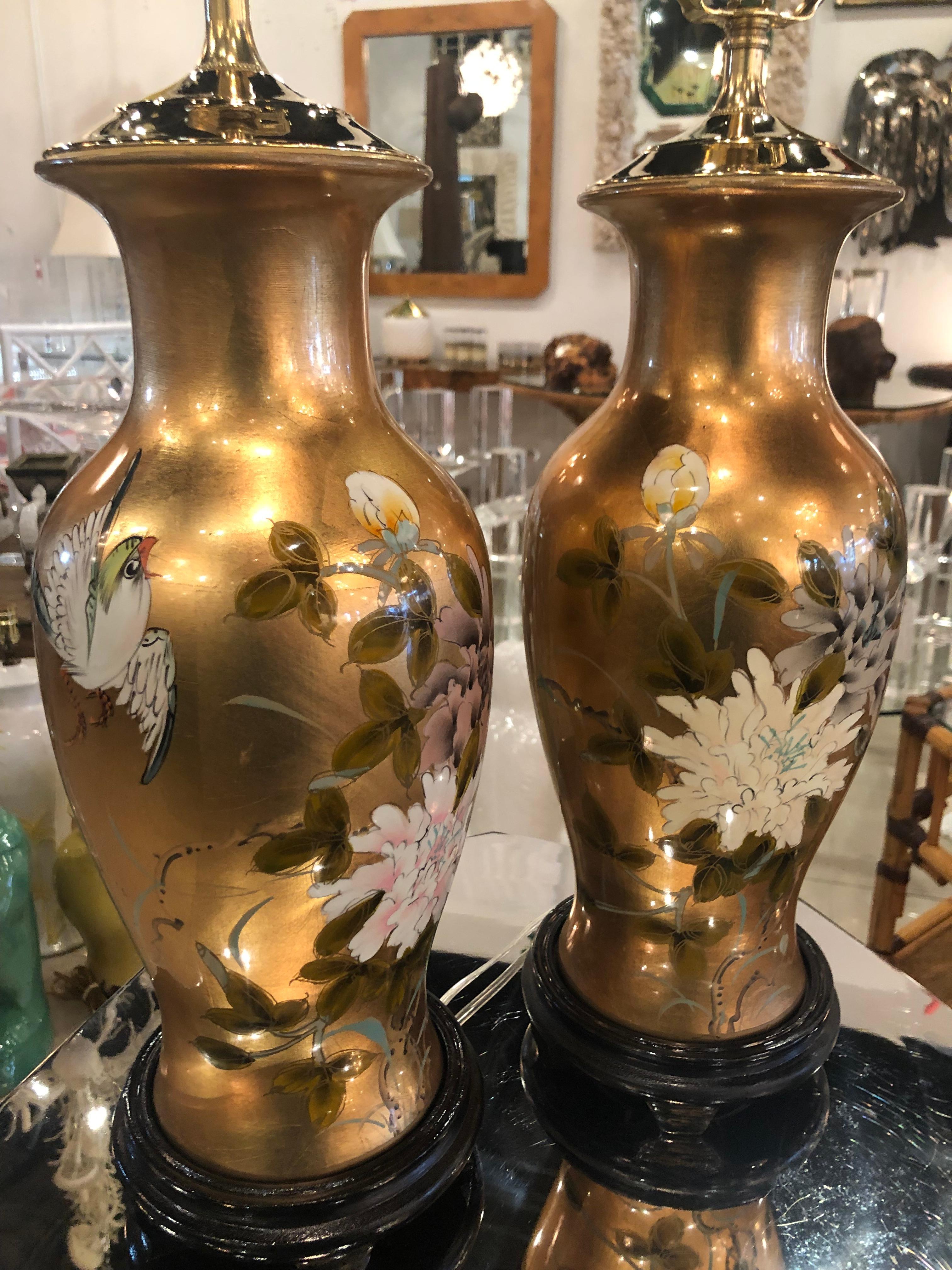 Vintage Gold Leaf Bird Floral Chinoiserie Table Lamps a Pair Newly Restored For Sale 5