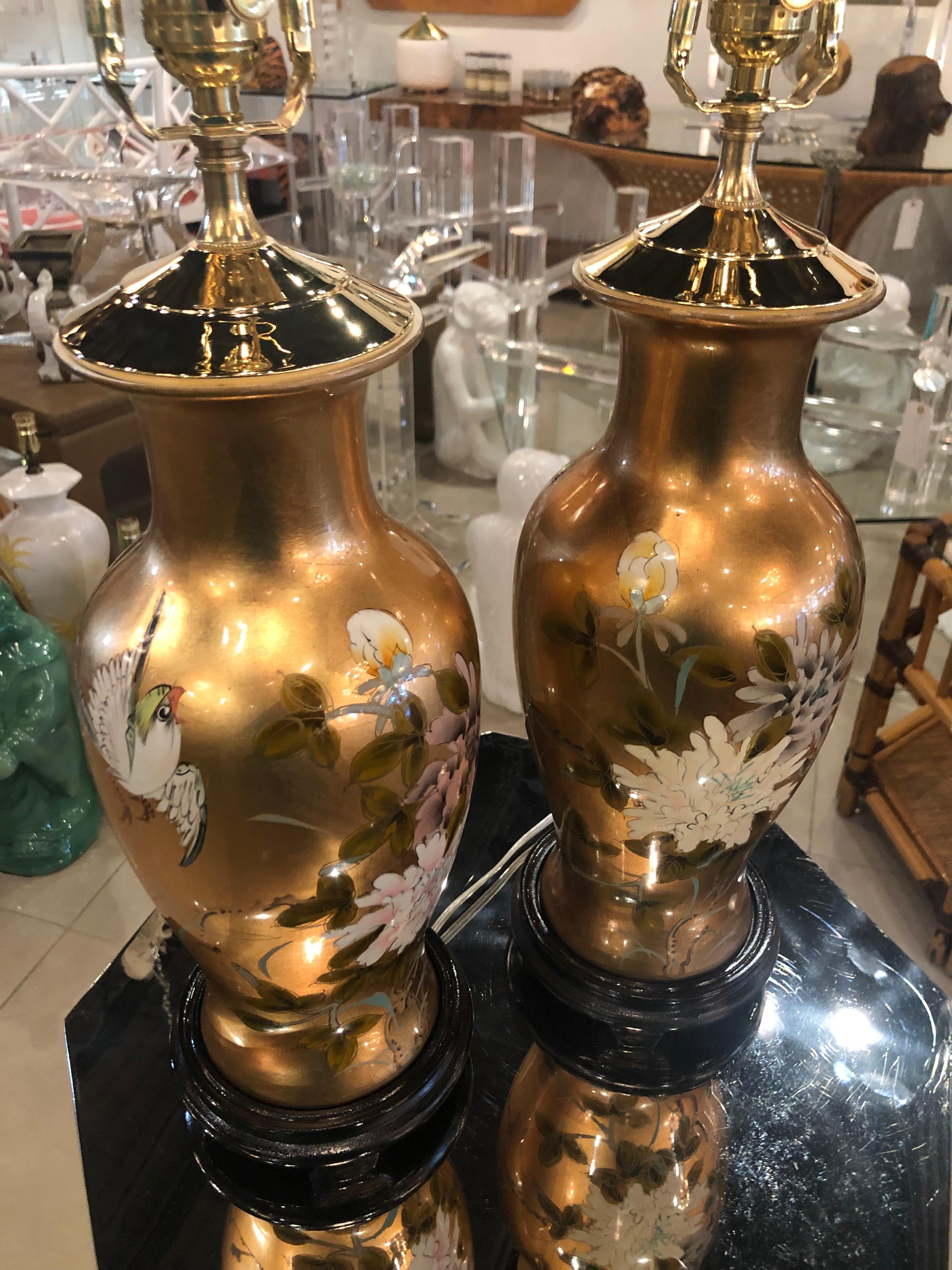 Vintage Gold Leaf Bird Floral Chinoiserie Table Lamps a Pair Newly Restored For Sale 6