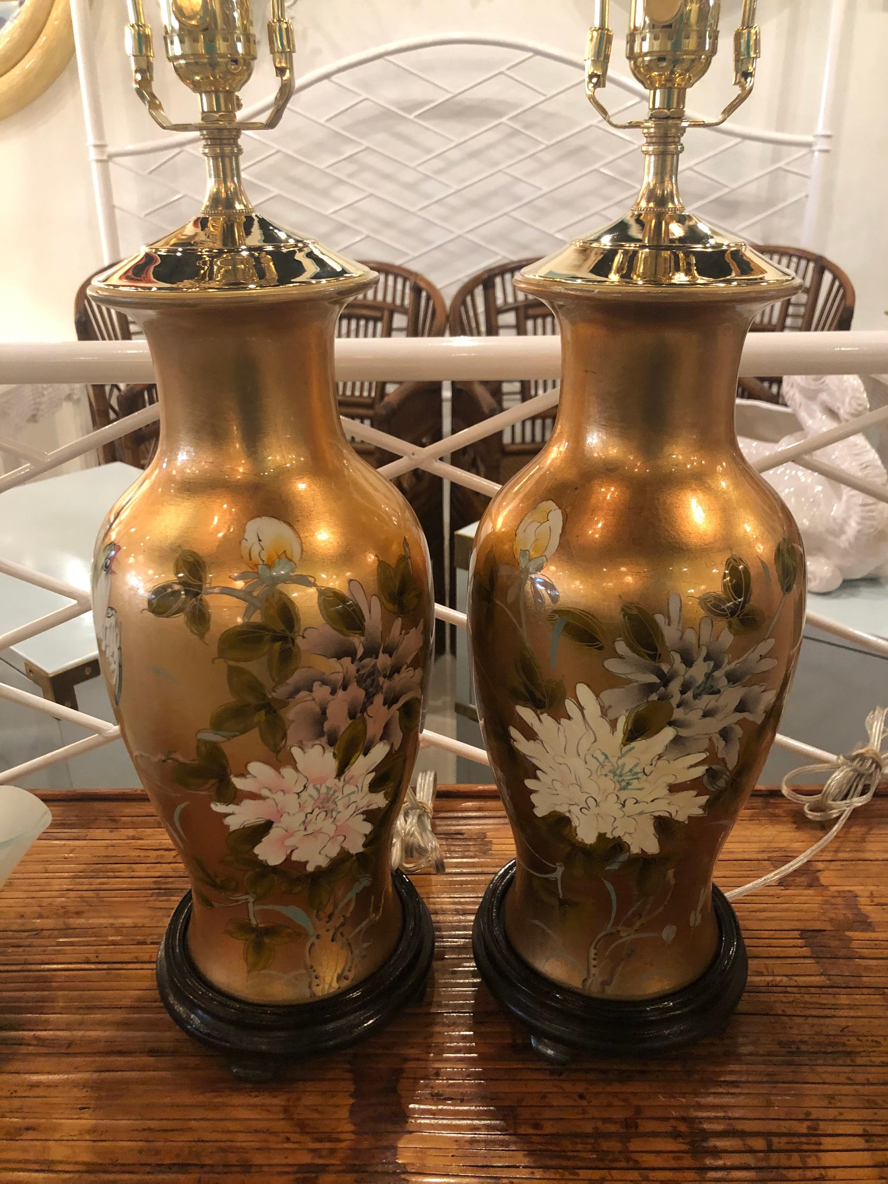 Vintage Gold Leaf Bird Floral Chinoiserie Table Lamps a Pair Newly Restored For Sale 9