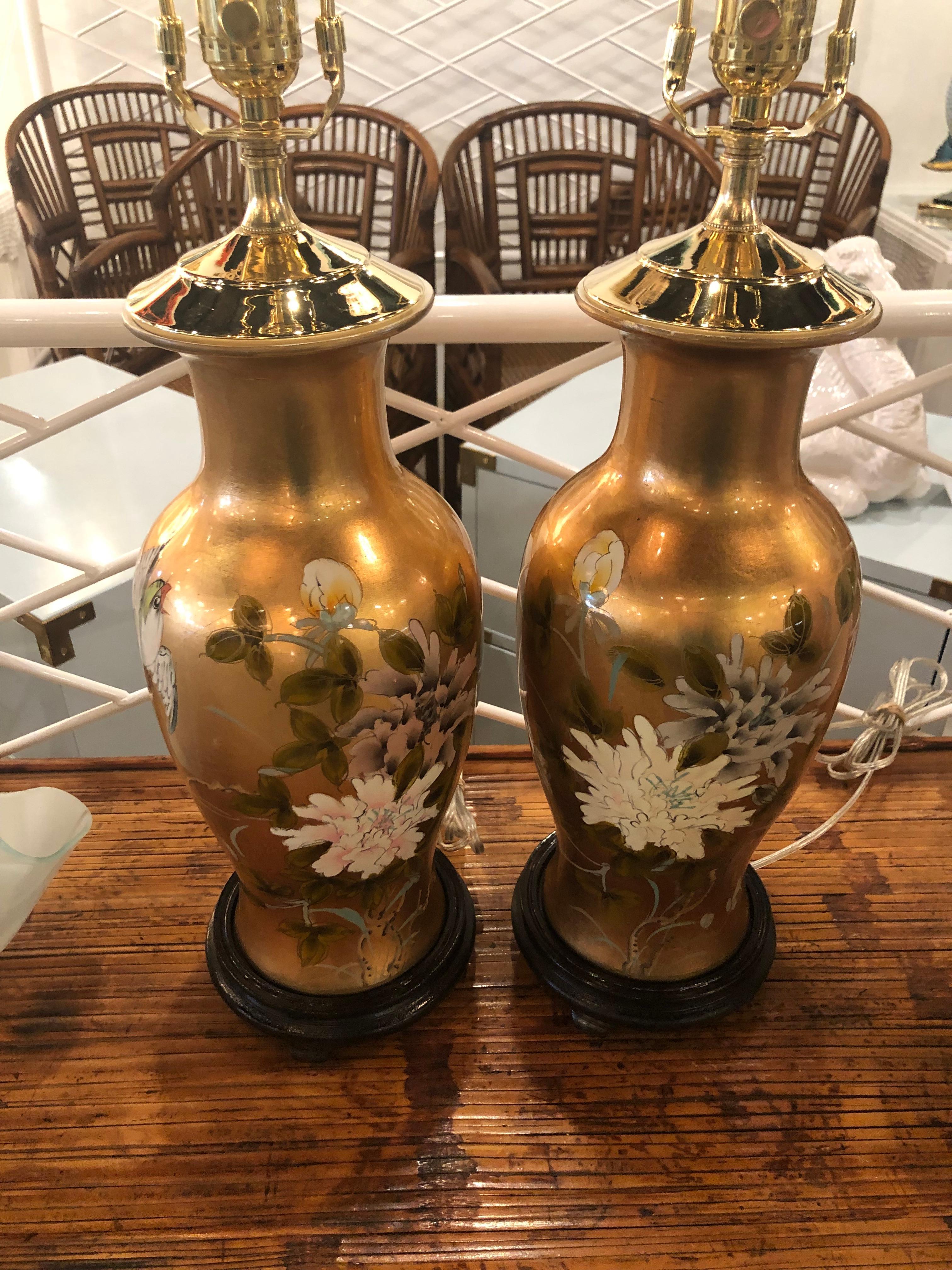 Vintage Gold Leaf Bird Floral Chinoiserie Table Lamps a Pair Newly Restored For Sale 12