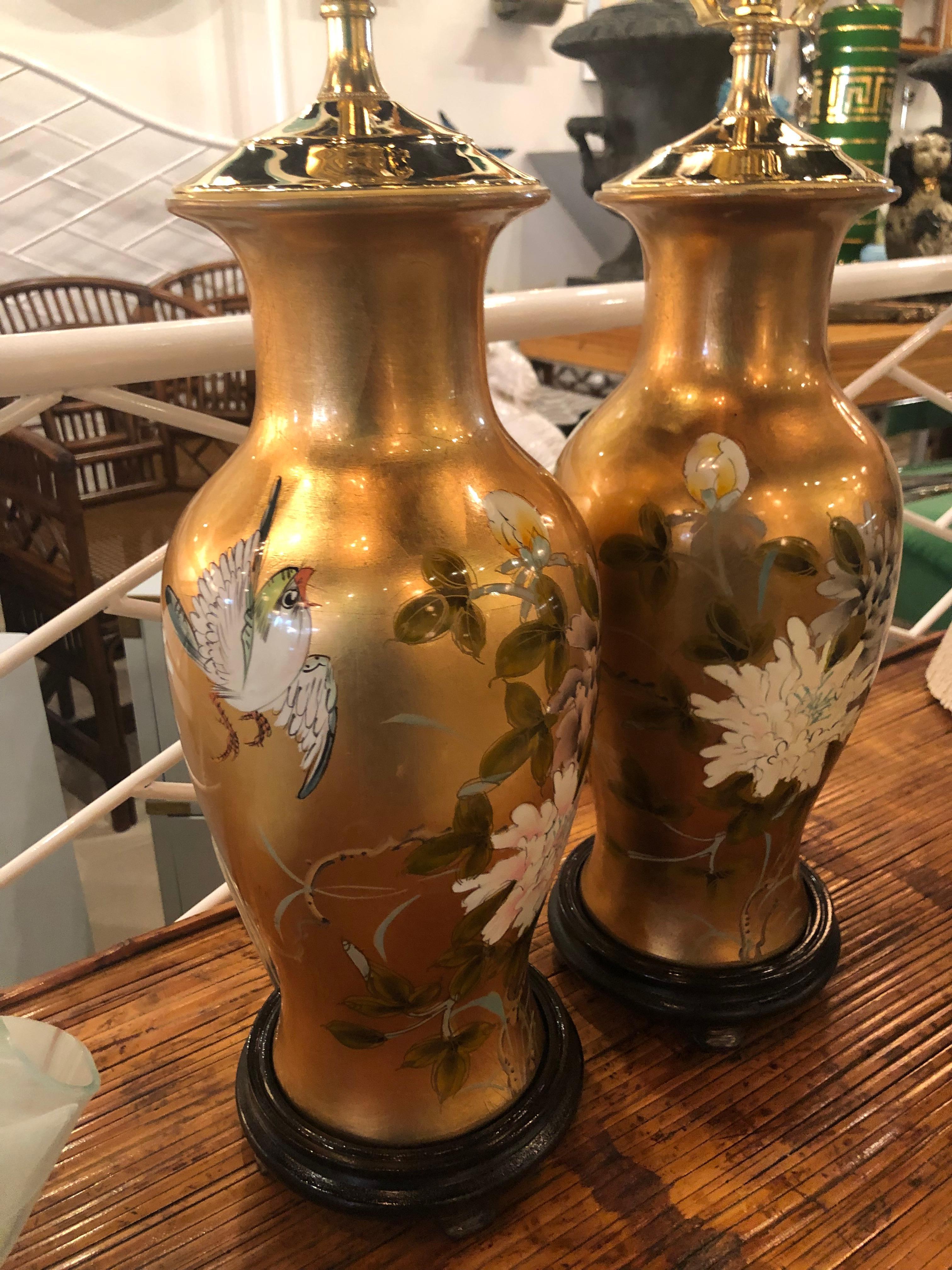 Vintage Gold Leaf Bird Floral Chinoiserie Table Lamps a Pair Newly Restored For Sale 13