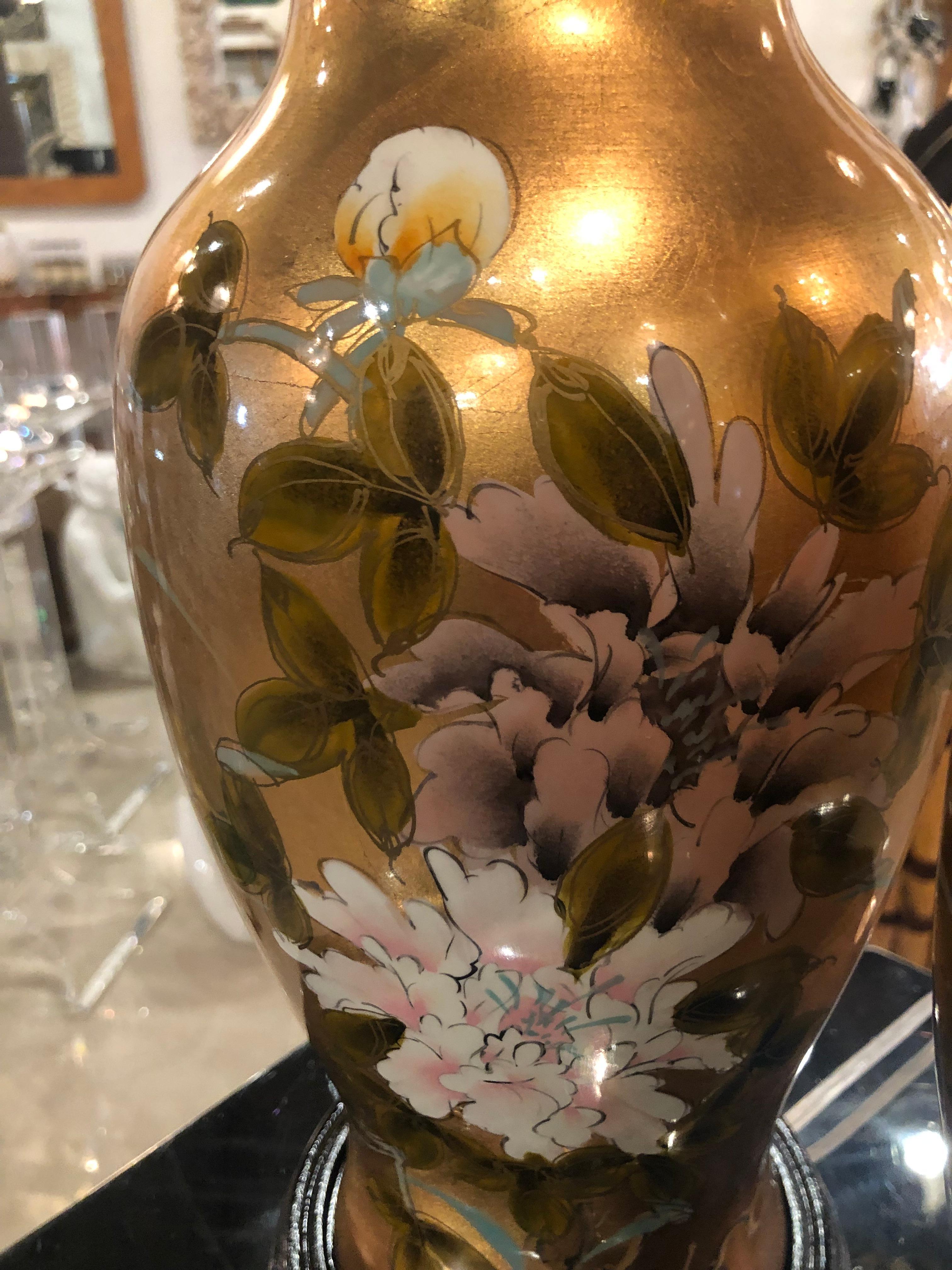 Mid-20th Century Vintage Gold Leaf Bird Floral Chinoiserie Table Lamps a Pair Newly Restored For Sale