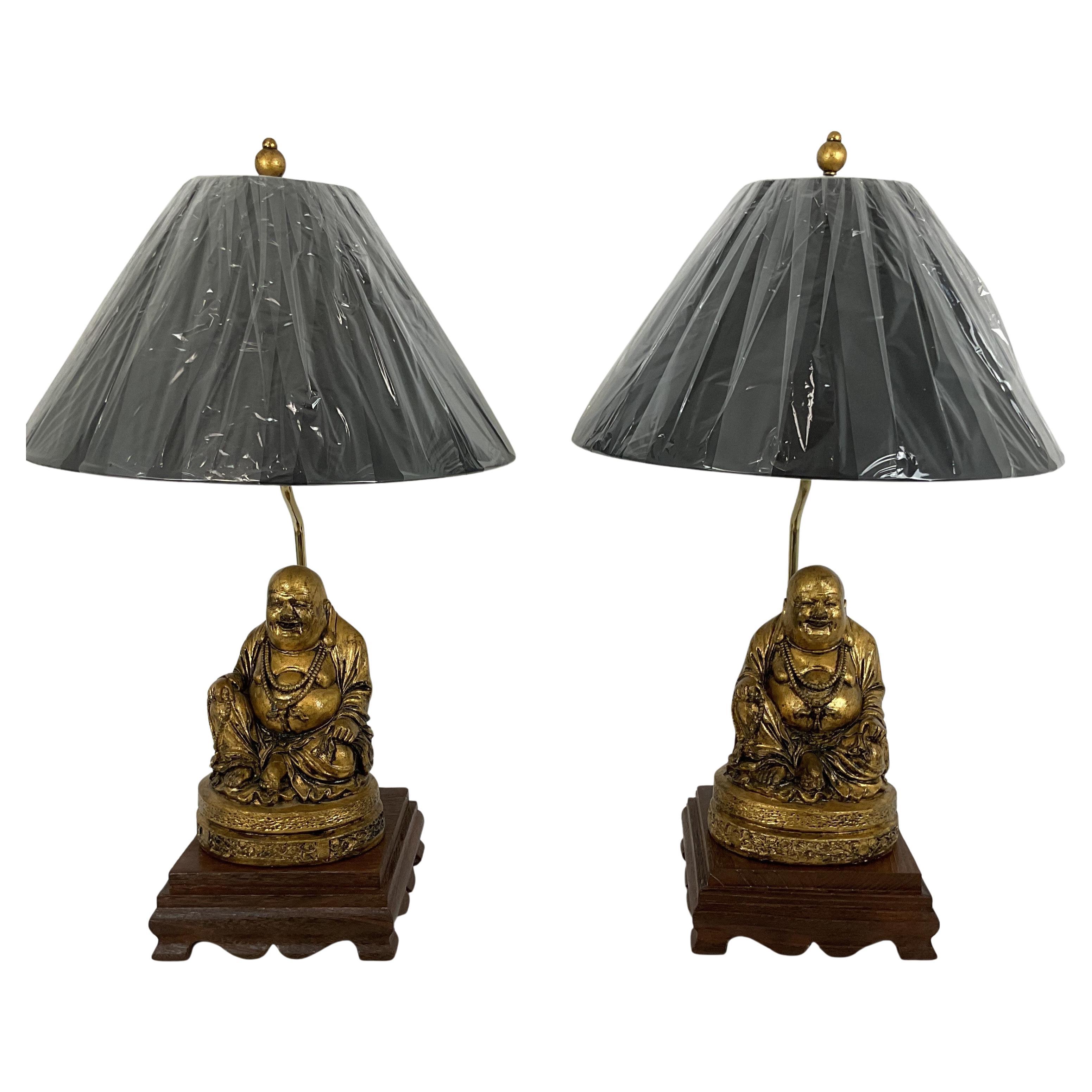 Paire de lampes Budda vintage à feuilles d'or