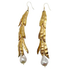 vintage gold leaf & freshwater pearl long drop earrings 1960s
