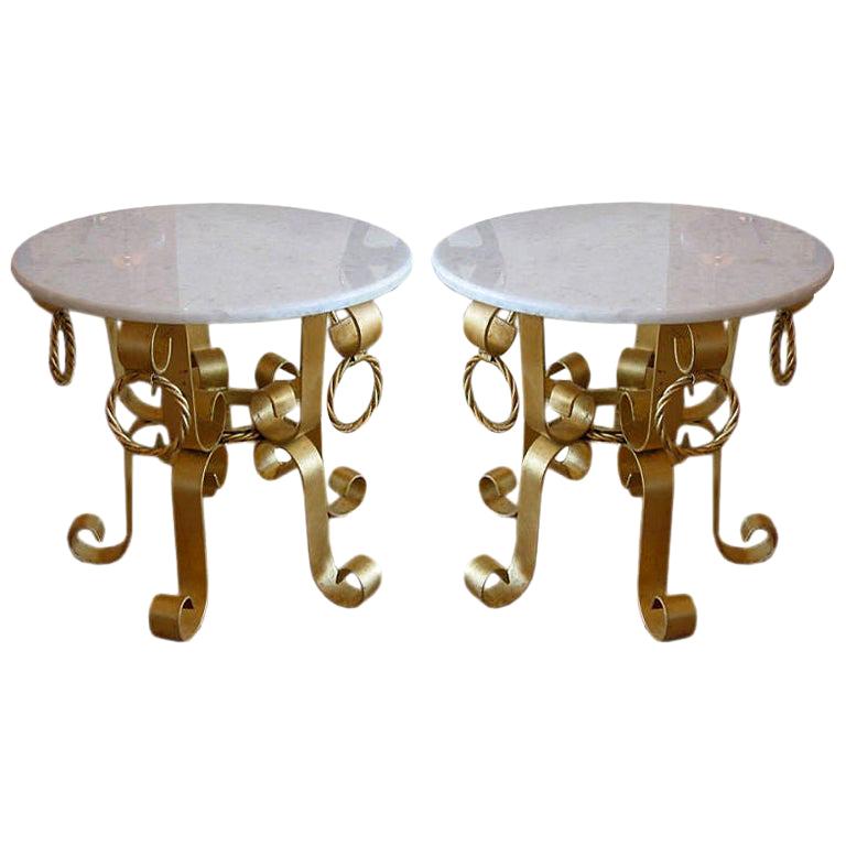 Vintage Gold Leaf Gilded Iron and Marble-Top End or Side Tables Pair of Italian
