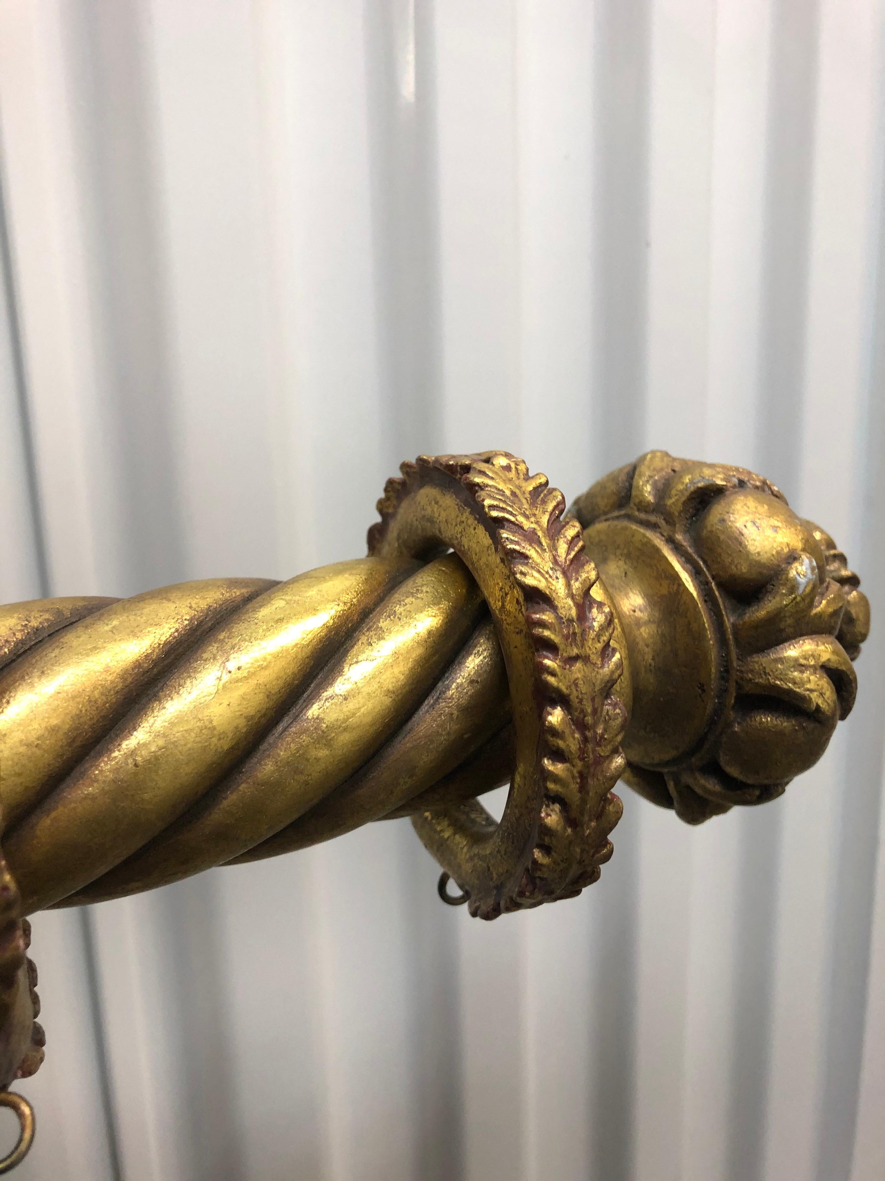 Regency Vintage Gold Leaf Italian Carved Wood Curtain Pole with Brackets and Rings
