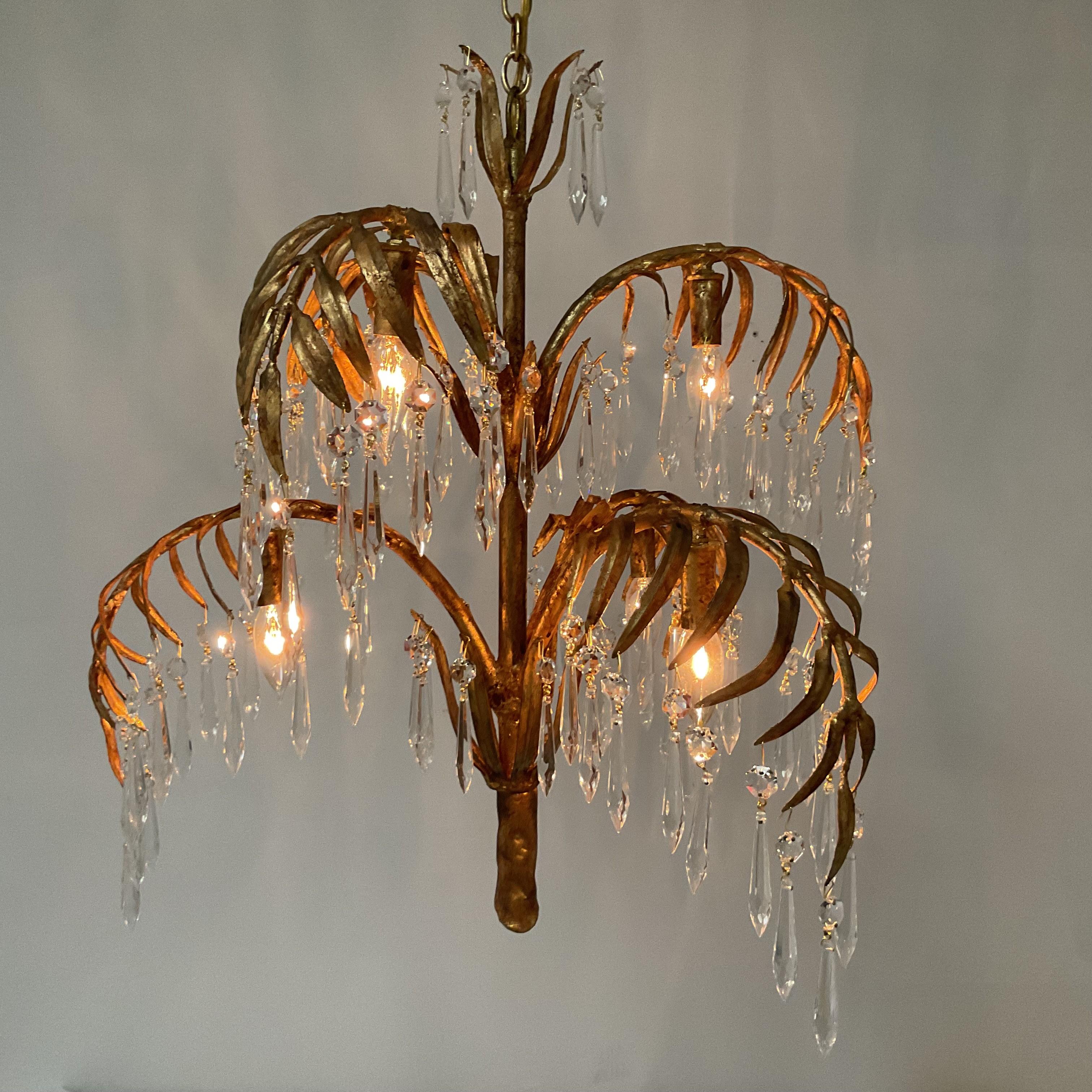 Vintage Gold Leaf Italian Palm Chandelier with Lead Crystals For Sale 6